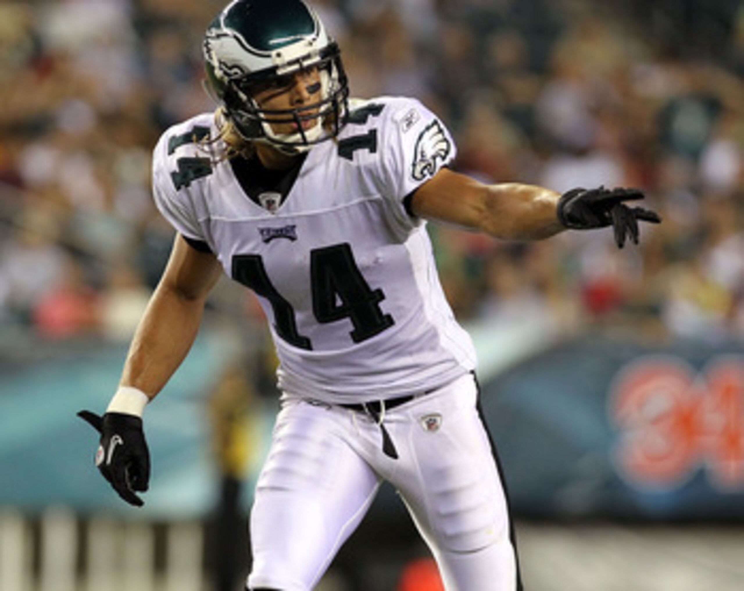 PHILADELPHIA - AUGUST 13:  Riley Cooper #14 of the Philadelphia Eagles points towards the sideline against the Jacksonville Jaguars during their preseason game at Lincoln Financial Field on August 13, 2010 in Philadelphia, Pennsylvania.  (Photo by Nick La