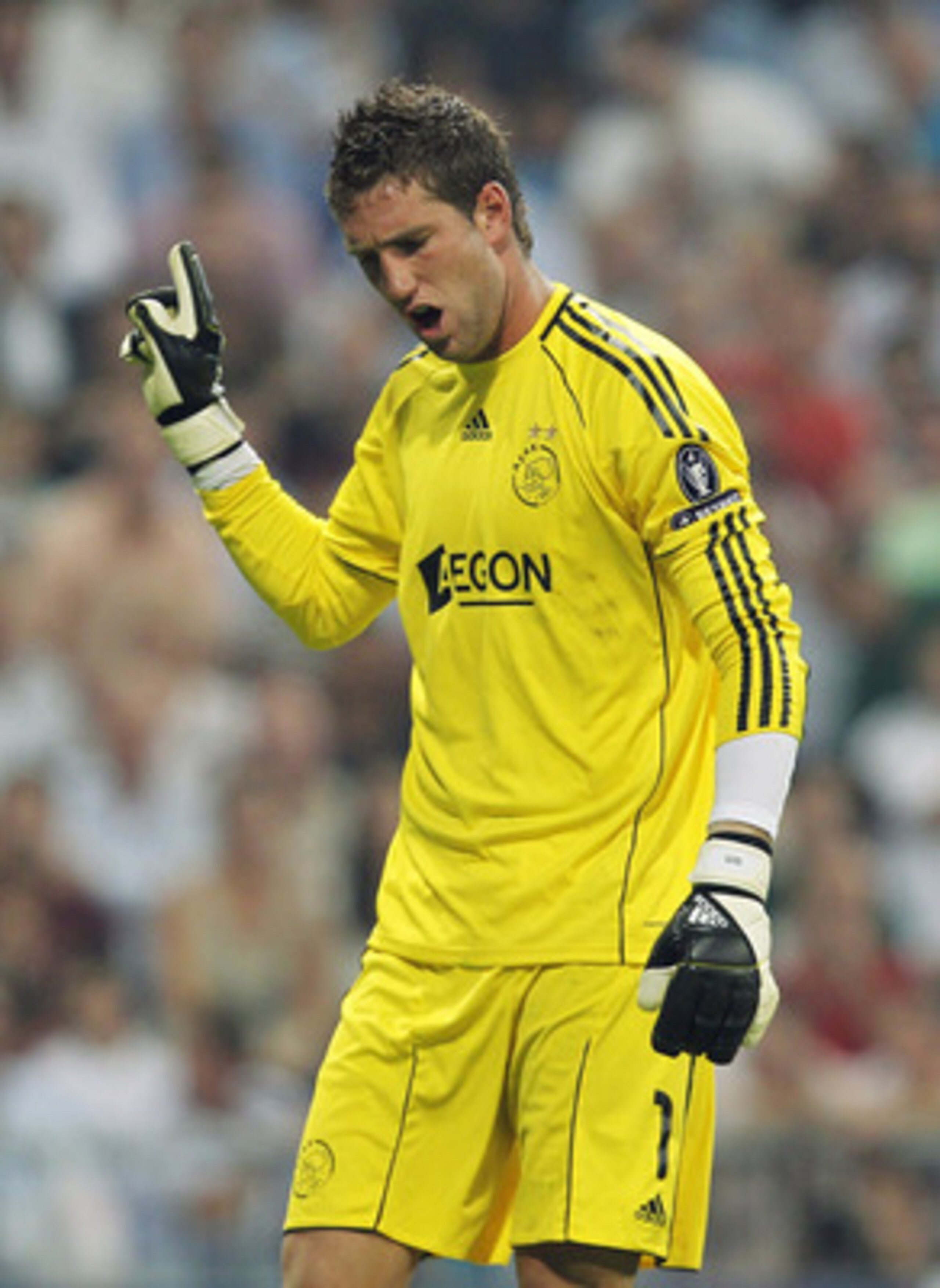 MADRID, SPAIN - SEPTEMBER 15: Maarten Stekelenburg of Ajax reacts during the UEFA Champions League group G match between Real Madrid and AFC Ajax at Estadio Santiago Bernabeu on September 15, 2010 in Madrid, Spain. (Photo by Angel Martinez/Getty Images)
