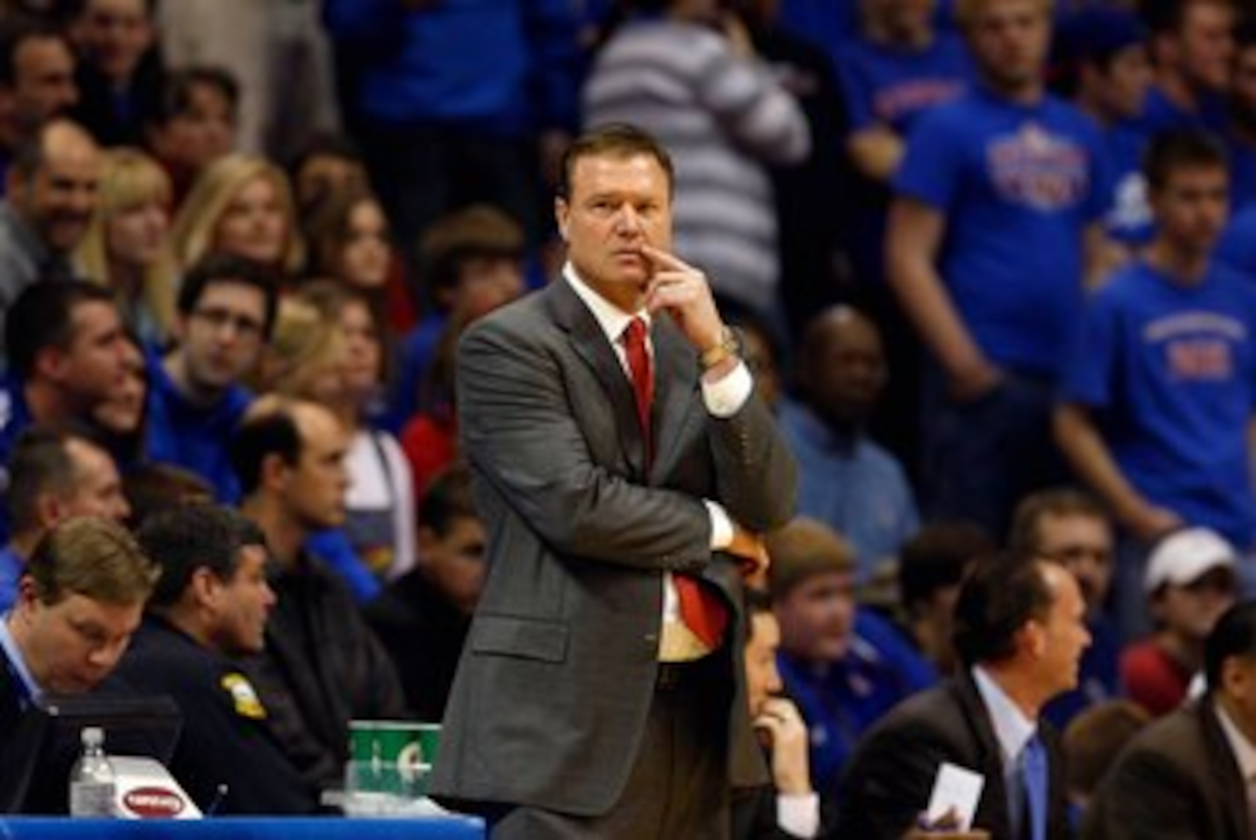 LAWRENCE, KS - FEBRUARY 18:  Head Coach Bill Self of the Kansas Jayhawks looks on from the bench area during the game against the Iowa State Cyclones on February 18, 2009 at Phog Allen Fieldhouse in Lawrence, Kansas. Kansas defeated Iowa State 72-55. (Pho