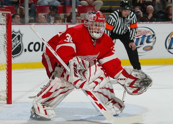 DETROIT - NOVEMBER 17 :  Dominic Hasek #39 of the Detroit Red Wings waits for a shot in a game against the Chicago Blackhawks on November 17, 2007 at the Joe Louis Arena in Detroit, Michigan. The Blackhawks defeated the Red Wings 5-3. (Photo by Claus Ande