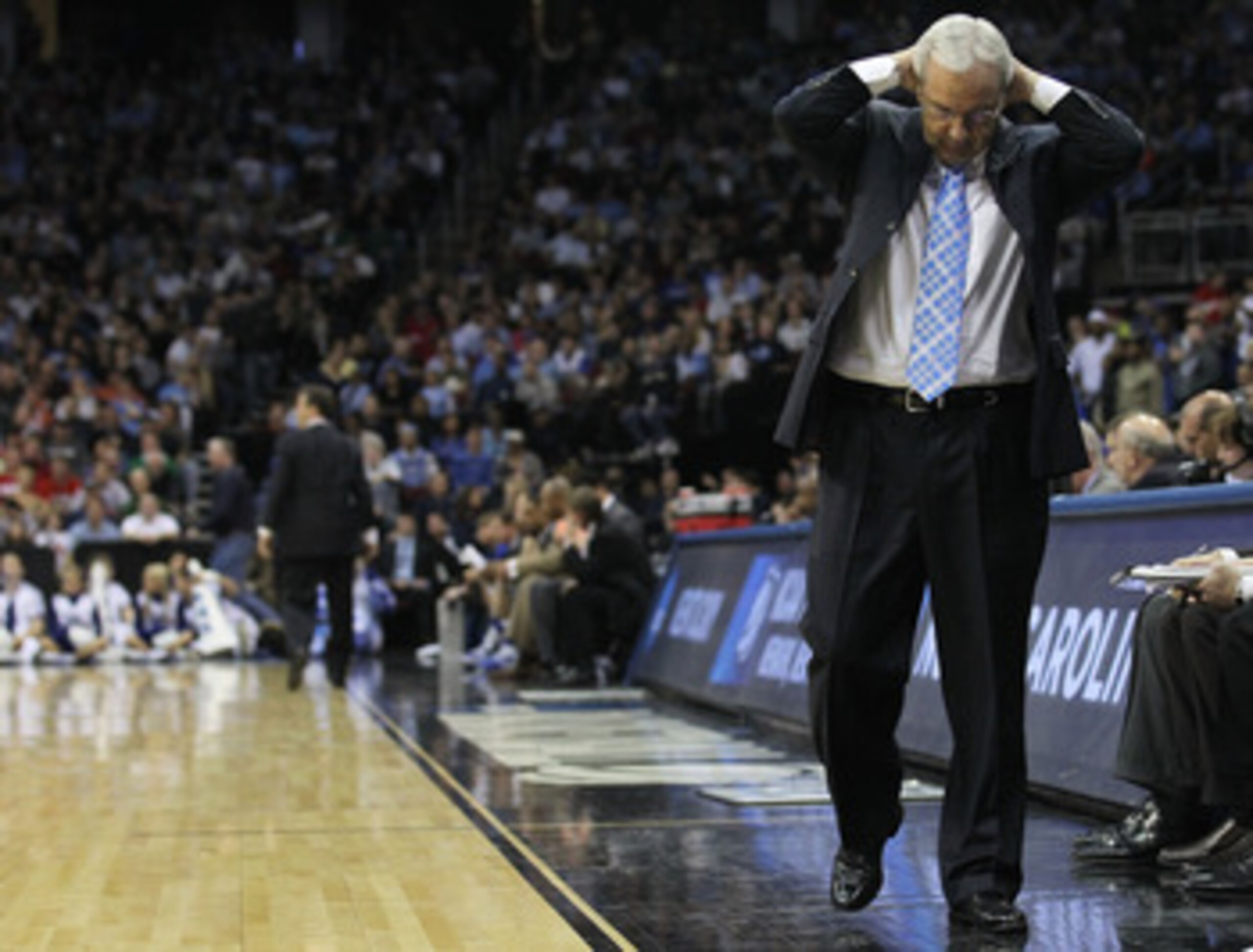 NEWARK, NJ - MARCH 27:  Head coach Roy Williams of the North Carolina Tar Heels reacts after being defeated by the Kentucky Wildcats in the east regional final of the 2011 NCAA men's basketball tournament at Prudential Center on March 27, 2011 in Newark, 