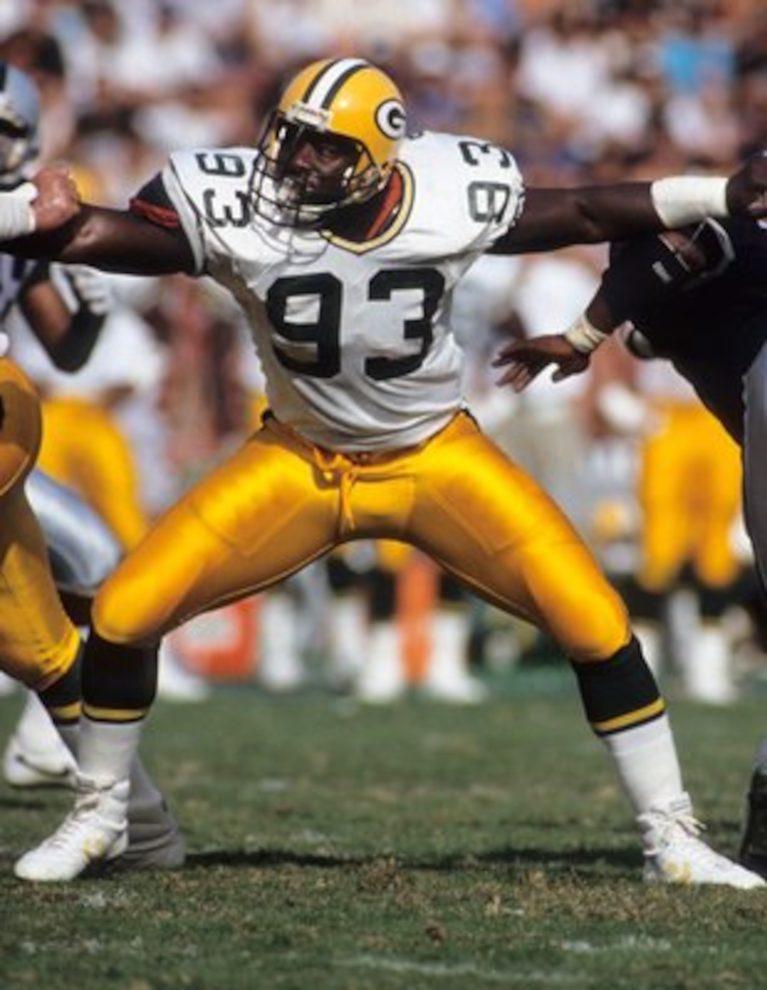 LOS ANGELES, CA - NOVEMBER 11: Defensive end Robert Brown of the Green Bay Packers blocks against the Los Angeles Raiders during a game at the Los Angeles Memorial Coliseum on November 11, 1990 in Los Angeles, California. The Packers won 29-16 (Photo b LOS ANGELES, CA - NOVEMBER 11: Defensive end Robert Brown of the Green Bay Packers blocks against the Los Angeles Raiders during a game at the Los Angeles Memorial Coliseum on November 11, 1990 in Los Angeles, California. The Packers won 29-16 (Photo b