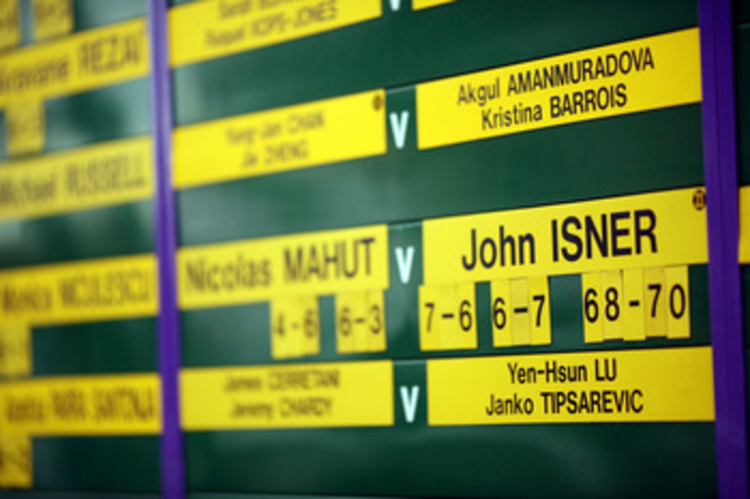 LONDON, ENGLAND - JUNE 24: The scoreboard after the 3 day long John Isner of USA v Nicolas Mahut of France first round match on Day Four of the Wimbledon Lawn Tennis Championships at the All England Lawn Tennis and Croquet Club on June 24, 2010 in London LONDON, ENGLAND - JUNE 24: The scoreboard after the 3 day long John Isner of USA v Nicolas Mahut of France first round match on Day Four of the Wimbledon Lawn Tennis Championships at the All England Lawn Tennis and Croquet Club on June 24, 2010 in London
