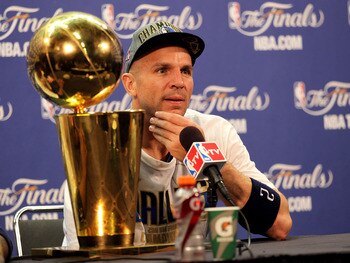 MIAMI, FL - JUNE 12:  Jason Kidd #2 of the Dallas Mavericks answers questions from the media at a post game news conference after the Mavericks won 105-95 against the Miami Heat in Game Six of the 2011 NBA Finals at American Airlines Arena on June 12, 201