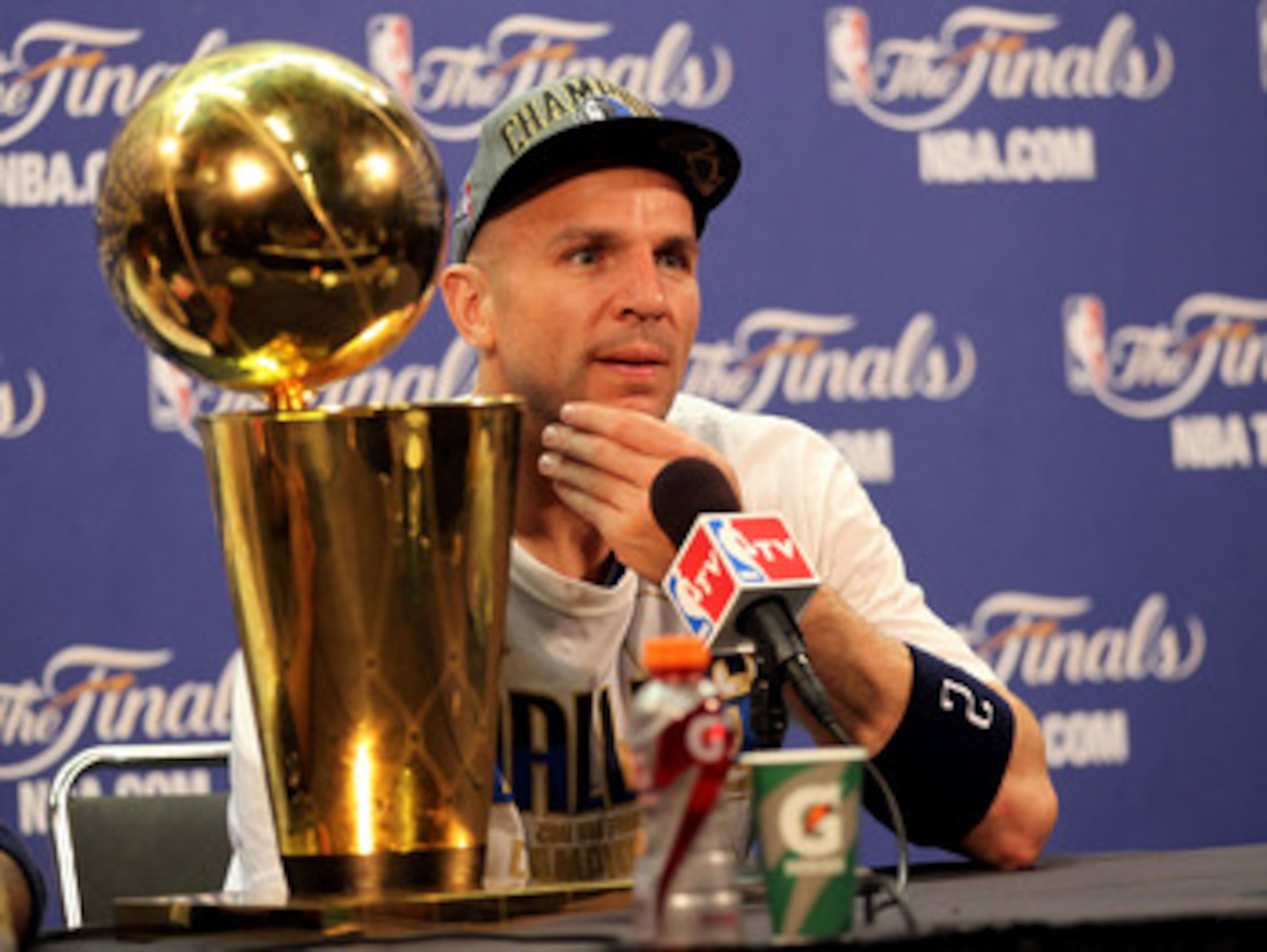 MIAMI, FL - JUNE 12:  Jason Kidd #2 of the Dallas Mavericks answers questions from the media at a post game news conference after the Mavericks won 105-95 against the Miami Heat in Game Six of the 2011 NBA Finals at American Airlines Arena on June 12, 201