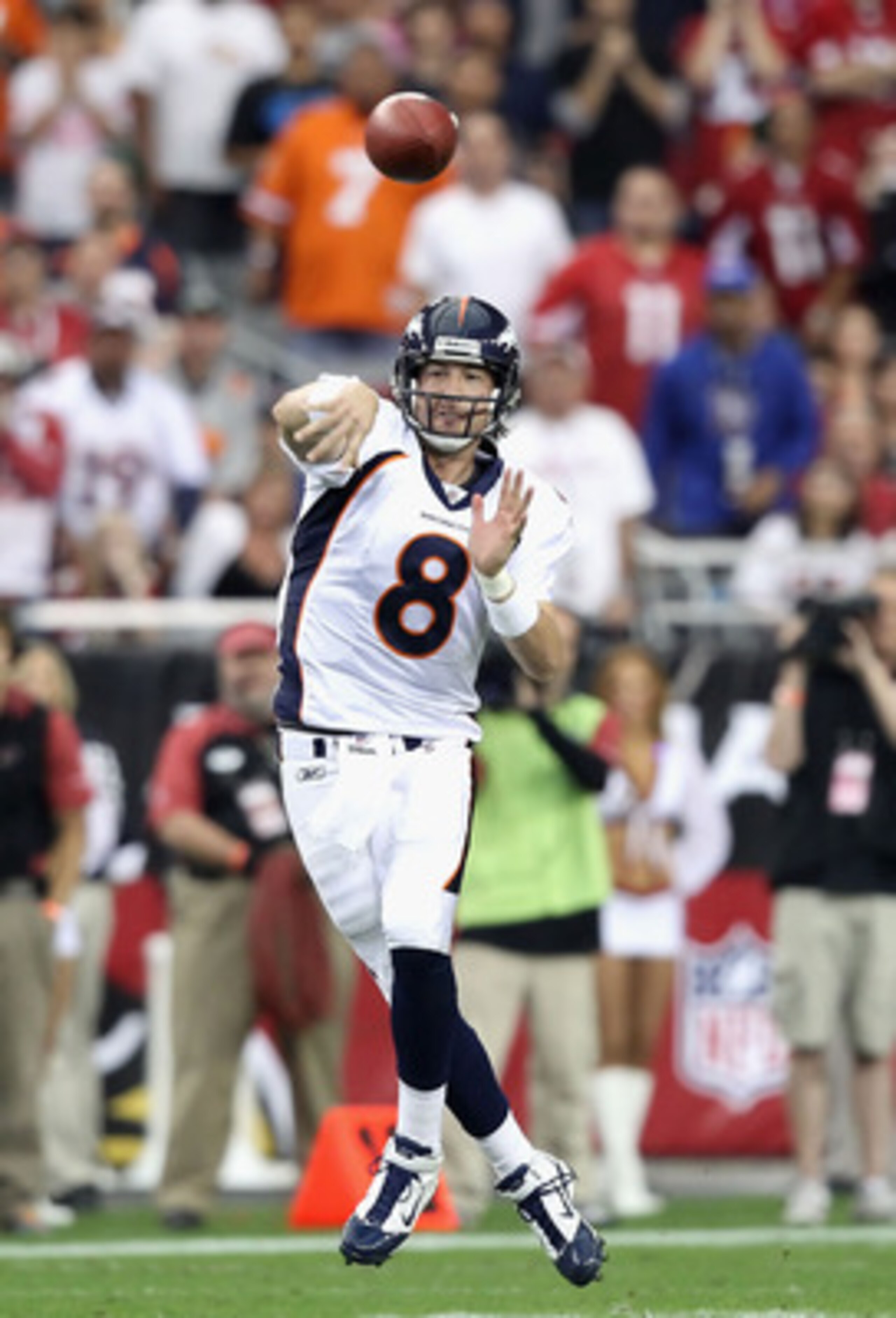 GLENDALE, AZ - DECEMBER 12:  Quarterback Kyle Orton #8 of the Denver Broncos throws a pass during the NFL game against the Arizona Cardinals at the University of Phoenix Stadium on December 12, 2010 in Glendale, Arizona.  (Photo by Christian Petersen/Gett