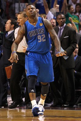 MIAMI, FL - JUNE 12:  DeShawn Stevenson #92 of the Dallas Mavericks celebrates after he made a 3-point shot in the first half against the Dallas Mavericks in Game Six of the 2011 NBA Finals at American Airlines Arena on June 12, 2011 in Miami, Florida. NO