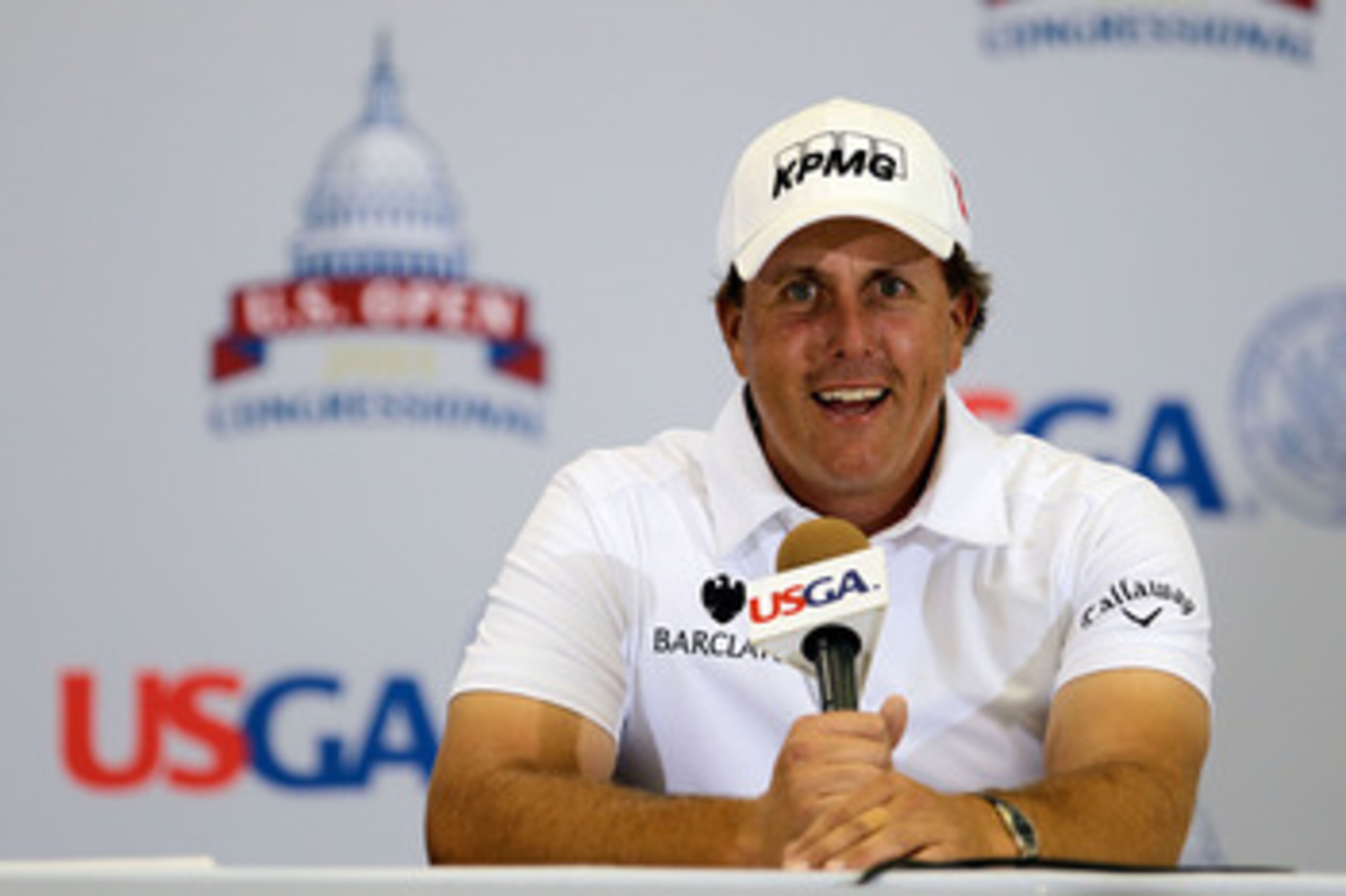 BETHESDA, MD - JUNE 14:  Phil Mickelson speaks to the media after his practice round prior to the start of the 111th U.S. Open at Congressional Country Club on June 14, 2011 in Bethesda, Maryland.  (Photo by Rob Carr/Getty Images)