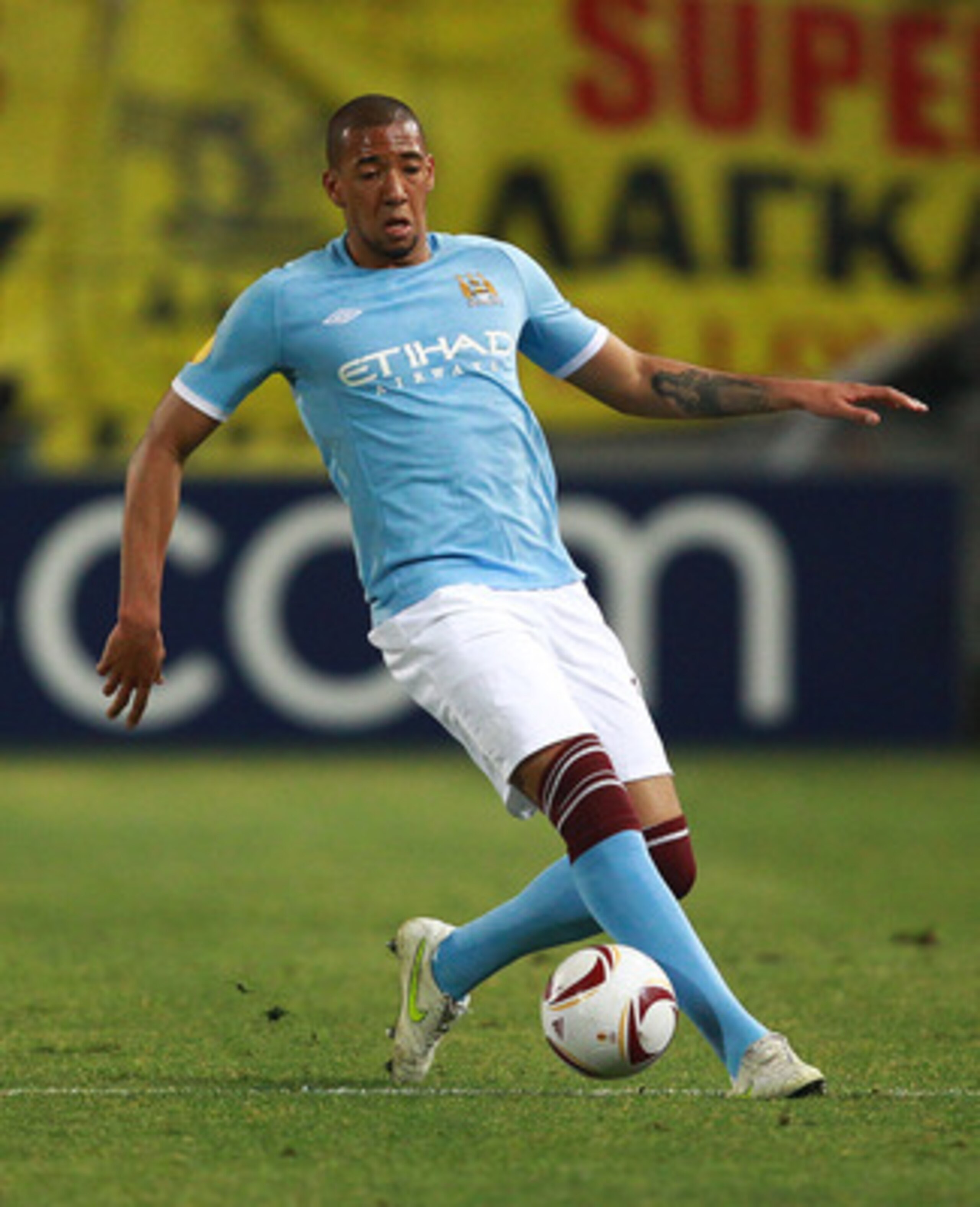 THESSALONIKI, GREECE - FEBRUARY 15: Jerome Boateng of Manchester City in action during the first leg round of 32 Europa League match between Aris Saloniki and Manchester City  at Kleanthis Vikelidis stadium on February 15, 2011 in Thessaloniki, Greece.  (