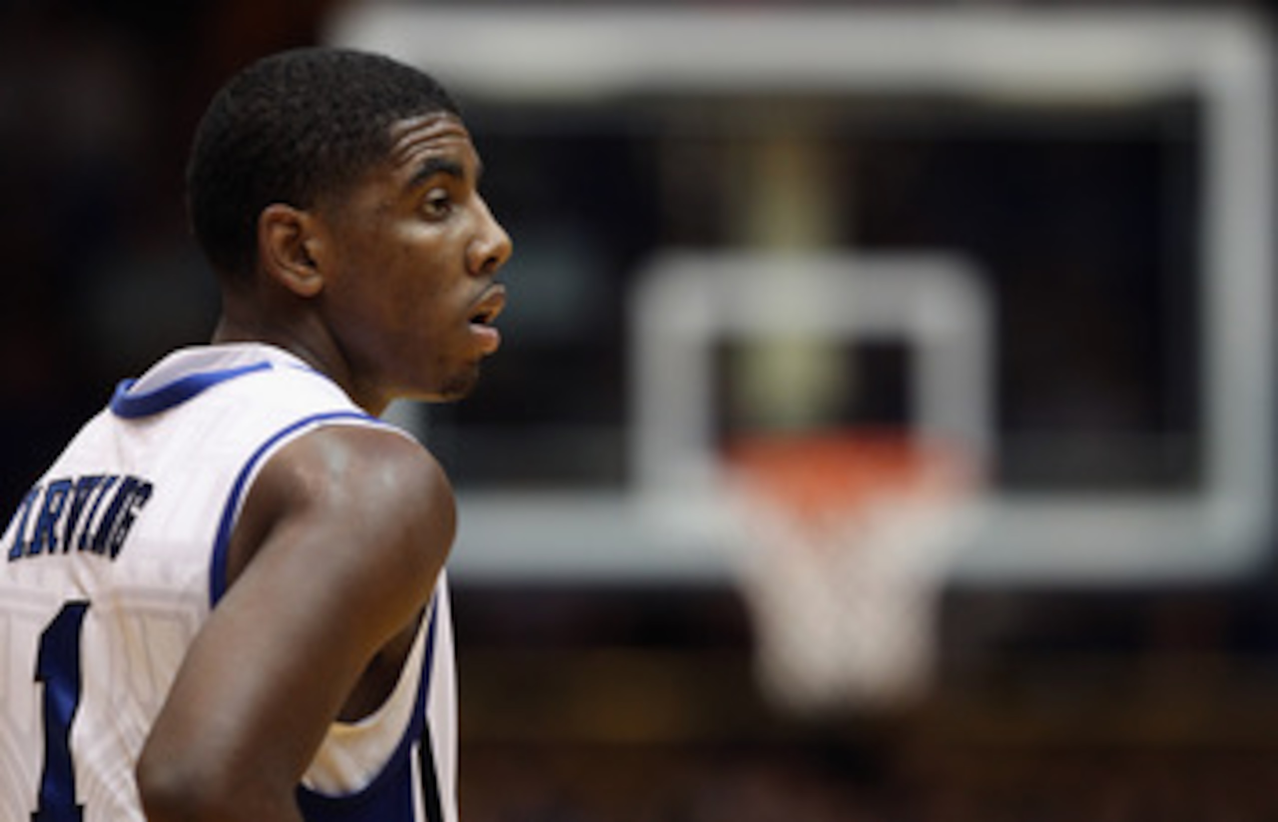 DURHAM, NC - DECEMBER 01:  Kyrie Irving #1 of the Duke Blue Devils watches on during their game against the Michigan State Spartans at Cameron Indoor Stadium on December 1, 2010 in Durham, North Carolina.  (Photo by Streeter Lecka/Getty Images)