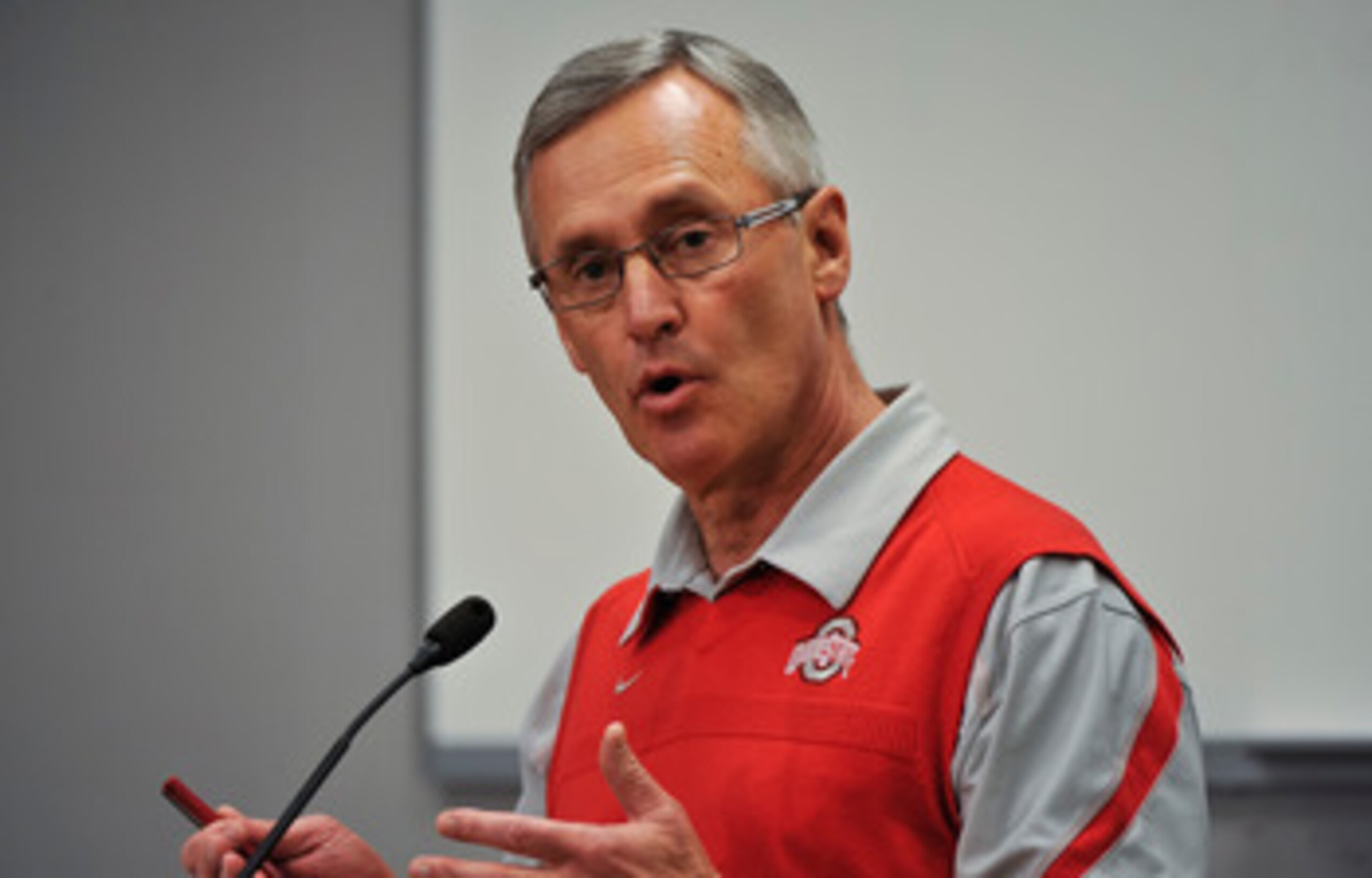 COLUMBUS, OH - MARCH 30:  Head Coach Jim Tressel speaks to the media during a press conference before the start of Spring practices at the Woody Hayes Athletic Center at The Ohio State University on March 30, 2011 in Columbus, Ohio. (Photo by Jamie Sabau/