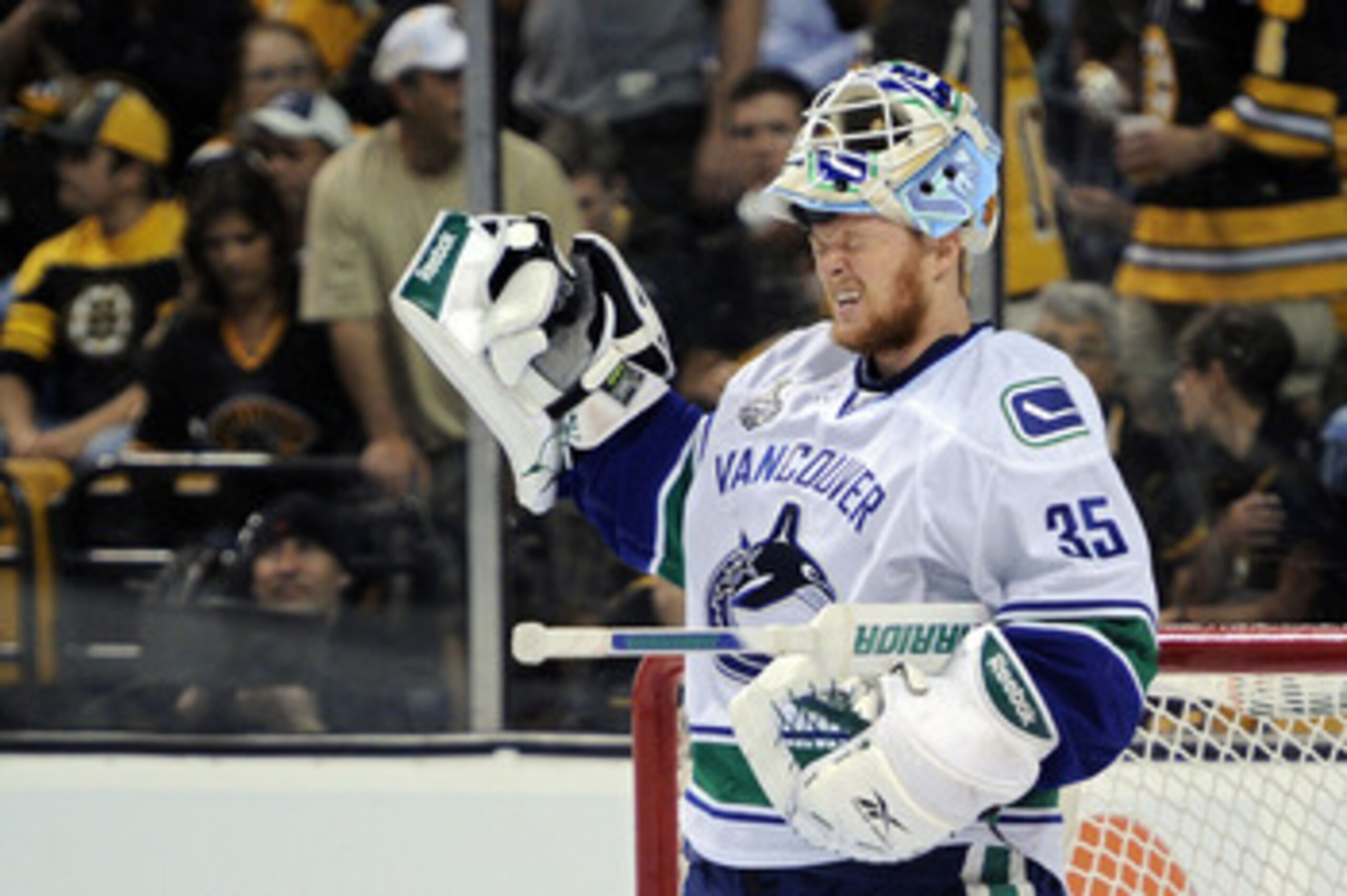 BOSTON, MA - JUNE 13:  Cory Schneider #35 of the Vancouver Canucks reacts after a shot from the Boston Bruins during Game Six of the 2011 NHL Stanley Cup Final at TD Garden on June 13, 2011 in Boston, Massachusetts.  (Photo by Harry How/Getty Images)