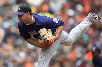 SAN FRANCISCO, CA - JUNE 04:  Jhoulys Chacin #45 of the Colorado Rockies pitches against the San Francisco Giants during an MLB game at AT&T Park on June 4, 2011 in San Francisco, California.  (Photo by Jed Jacobsohn/Getty Images)