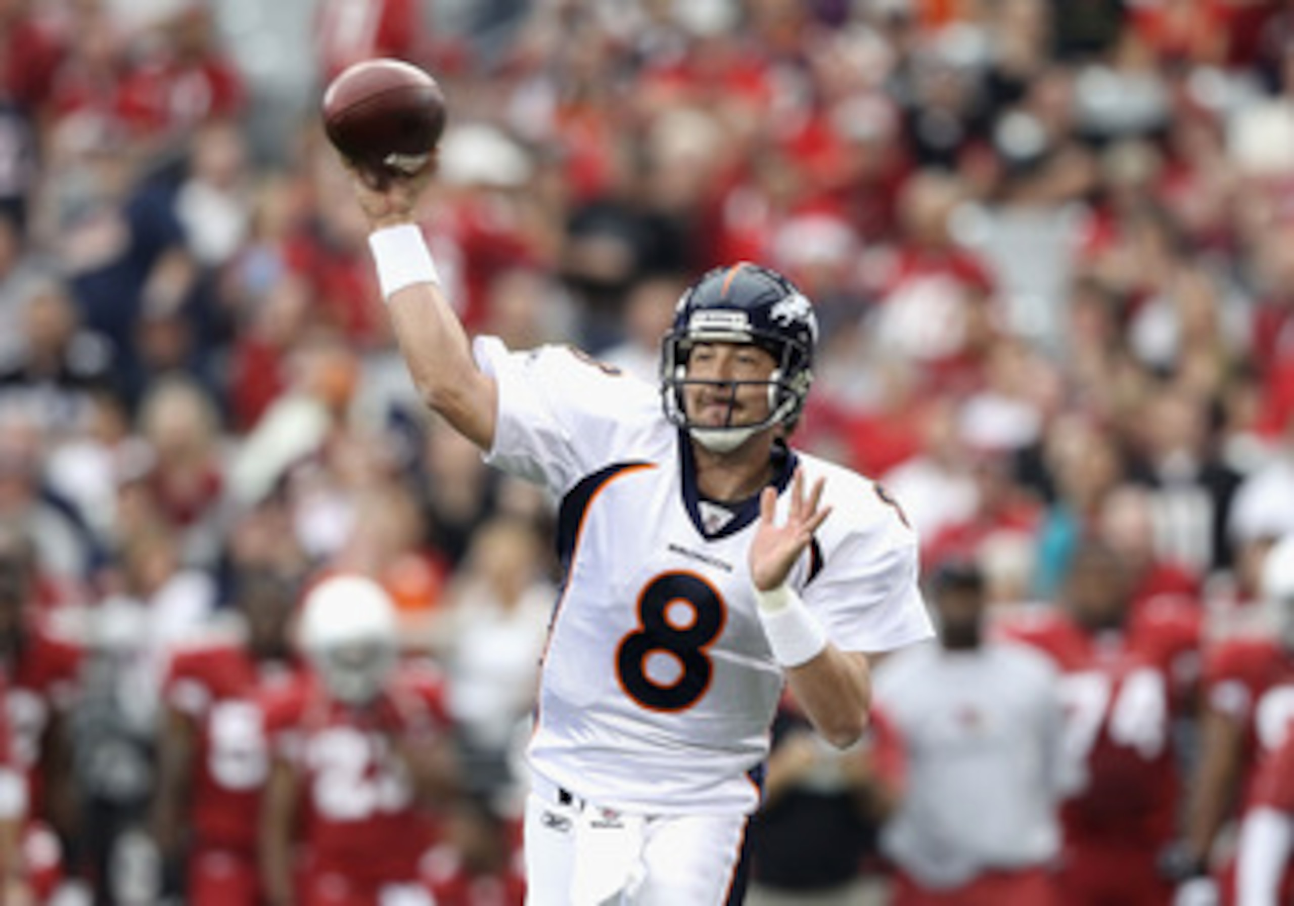 GLENDALE, AZ - DECEMBER 12:  Quarterback Kyle Orton #8 of the Denver Broncos throws a pass during the NFL game against the Arizona Cardinals at the University of Phoenix Stadium on December 12, 2010 in Glendale, Arizona.  (Photo by Christian Petersen/Gett