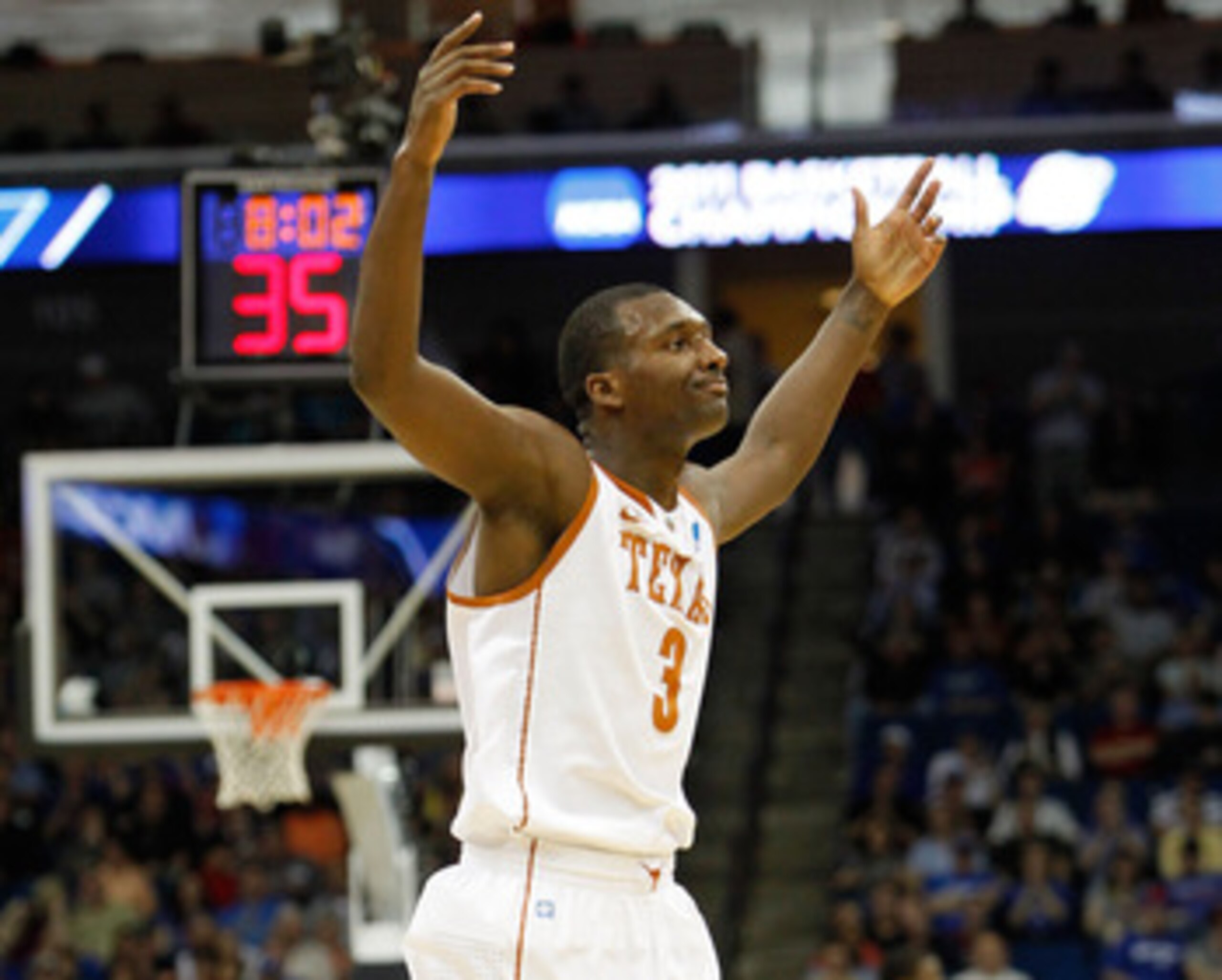 TULSA, OK - MARCH 20:  Jordan Hamilton #3 of the Texas Longhorns celebrates after a play against the Arizona Wildcats during the third round of the 2011 NCAA men's basketball tournament at BOK Center on March 20, 2011 in Tulsa, Oklahoma.  (Photo by Tom Pe