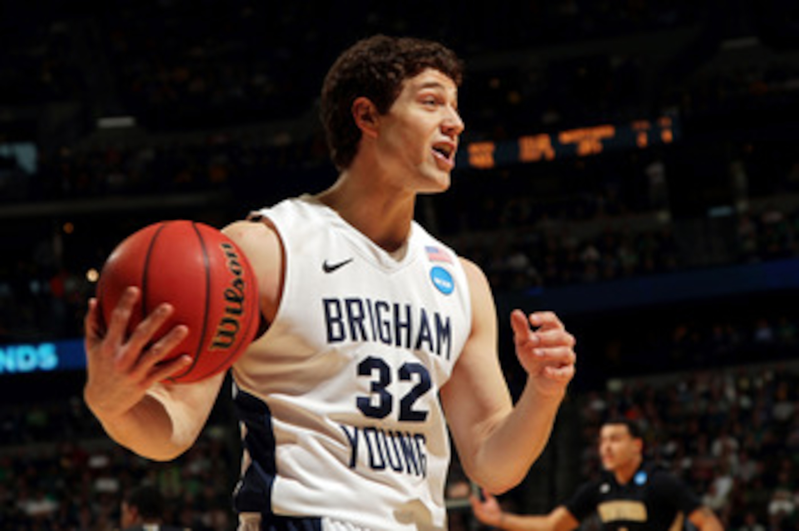 DENVER, CO - MARCH 17:  Jimmer Fredette #32 of the Brigham Young Cougars reacts to a call while playing against the Wofford Terriers during the second round of the 2011 NCAA men's basketball tournament at Pepsi Center on March 17, 2011 in Denver, Colorado
