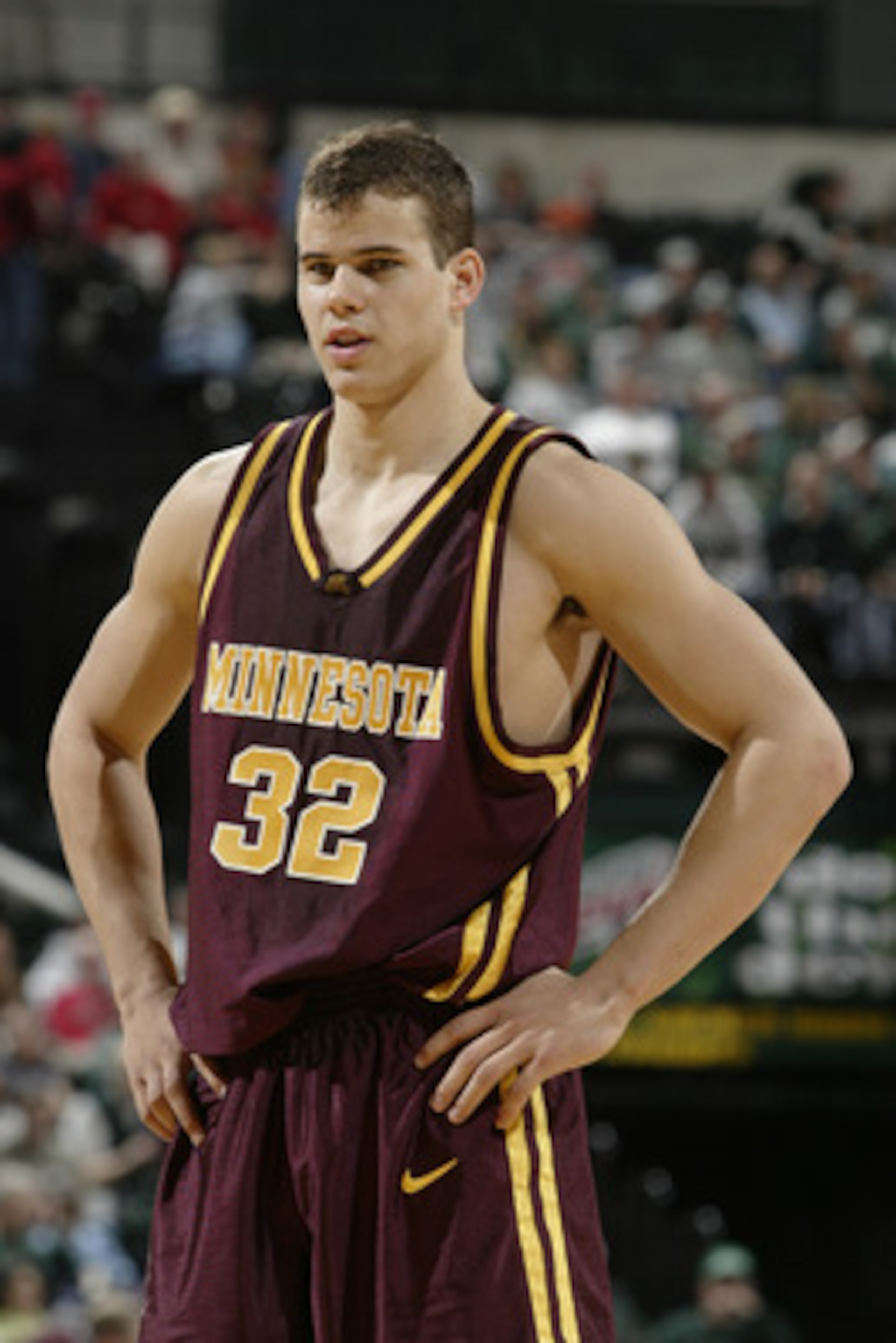 INDIANAPOLIS - MARCH 12:  Kris Humphries #32 of the University of Minnesota Golden Gophers stands on the court during the Big Ten Tournament against the University of Wisconsin Badgers at the Conseco Field House on March 12, 2004 in Indianapolis, Indiana.
