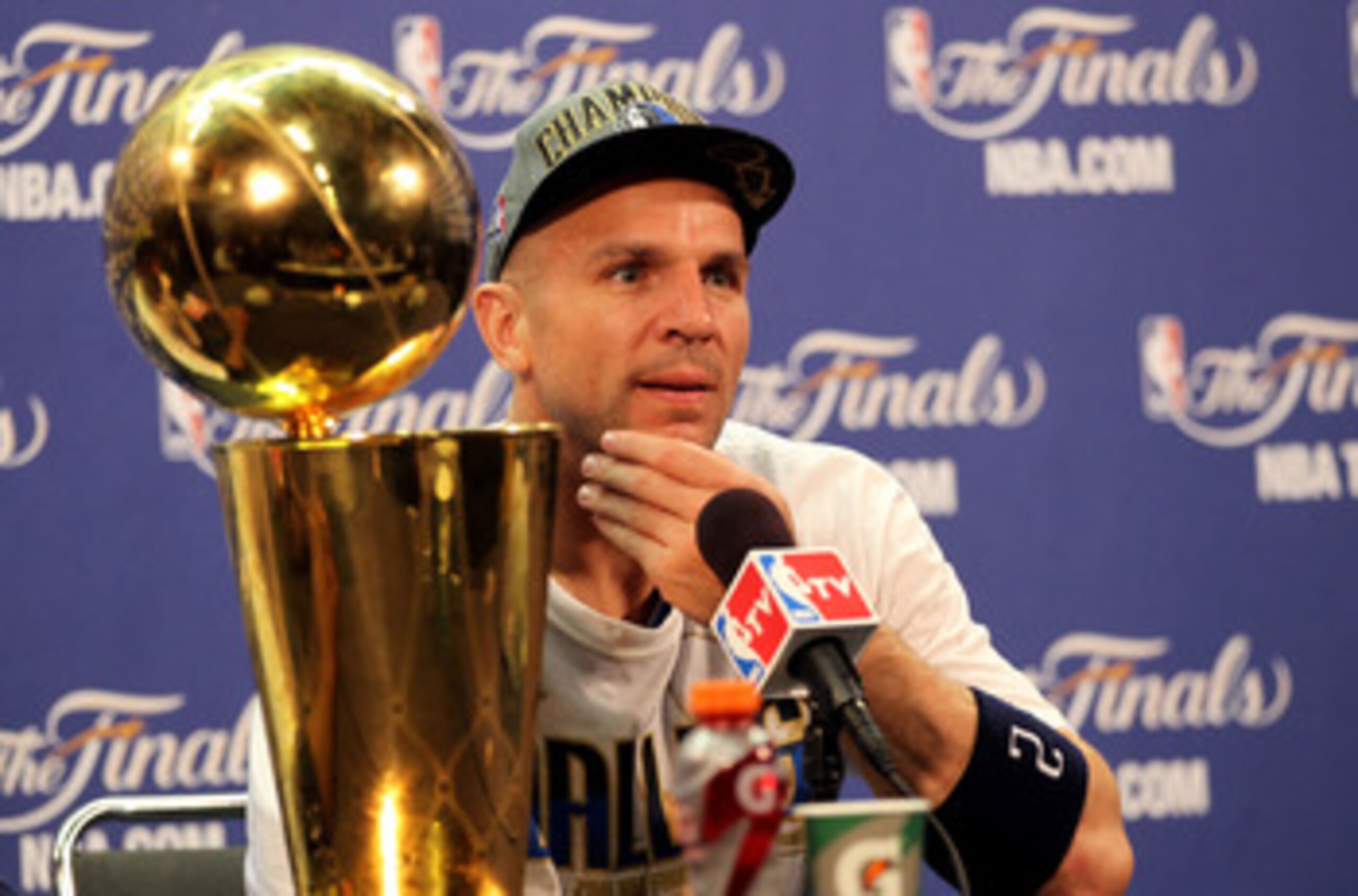 MIAMI, FL - JUNE 12:  Jason Kidd #2 of the Dallas Mavericks answers questions from the media at a post game news conference after the Mavericks won 105-95 against the Miami Heat in Game Six of the 2011 NBA Finals at American Airlines Arena on June 12, 201