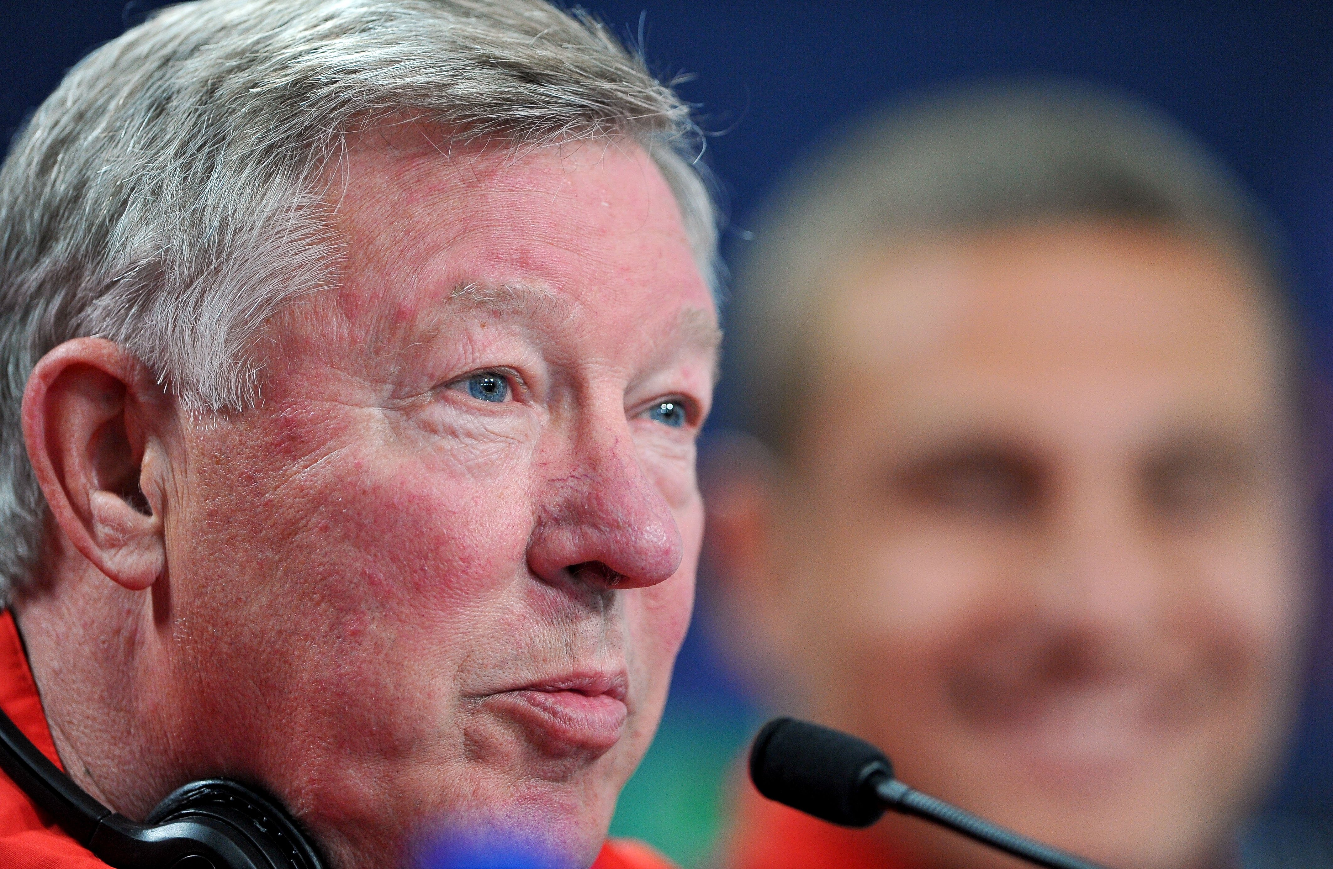 LONDON, ENGLAND - MAY 27:  In this UEFA handout image Manager Alex Ferguson smiles during the Manchester United press conference ahead of the UEFA Champions League Final against FC Barcelona at Wembley Stadium on May 27, 2011 in London, England.  (Photo b