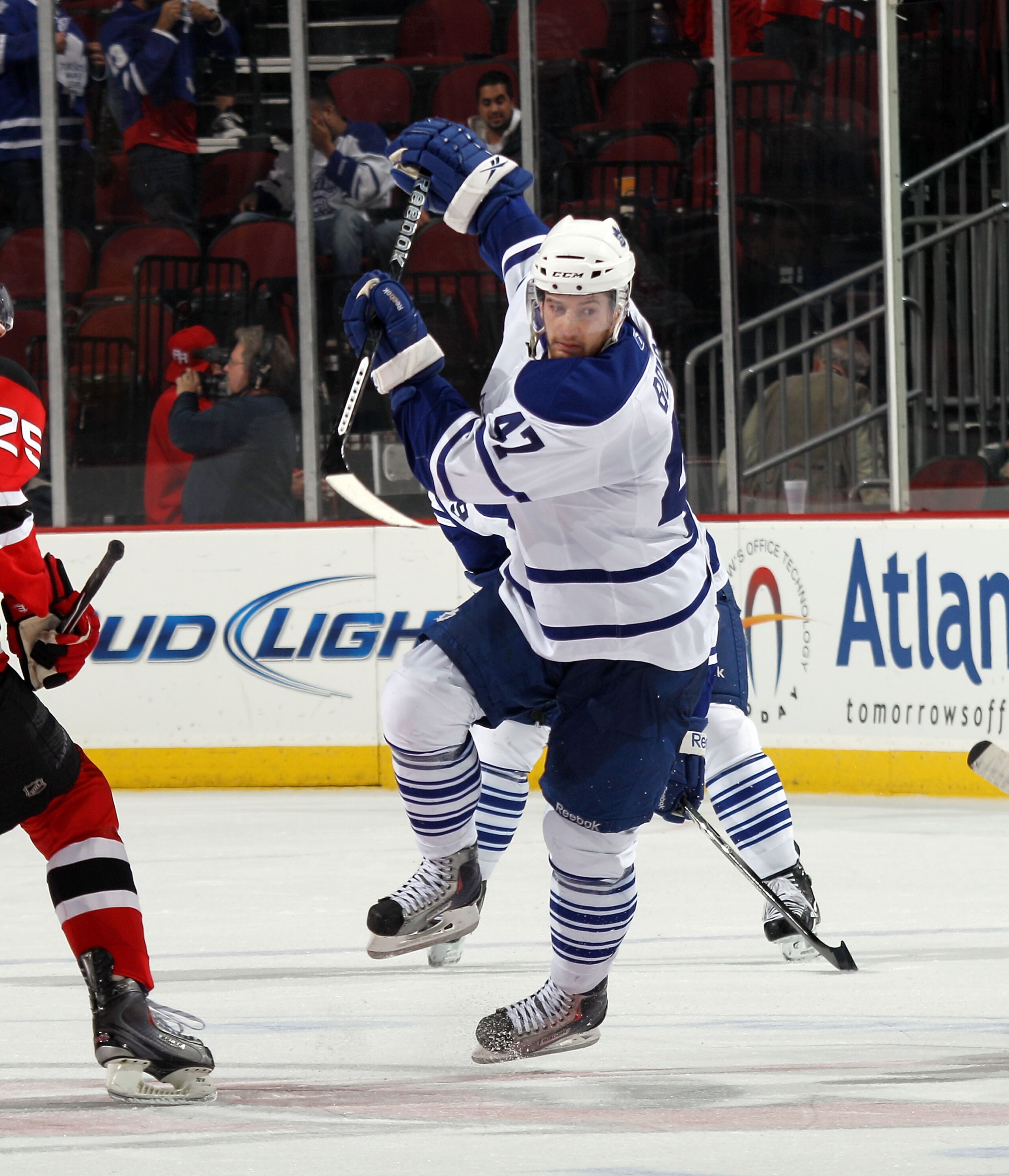 NEWARK, NJ - APRIL 06: Darryl Boyce #47 of the Toronto Maple Leafs skates against the New Jersey Devils at the Prudential Center on April 6, 2011 in Newark, New Jersey.  (Photo by Bruce Bennett/Getty Images)