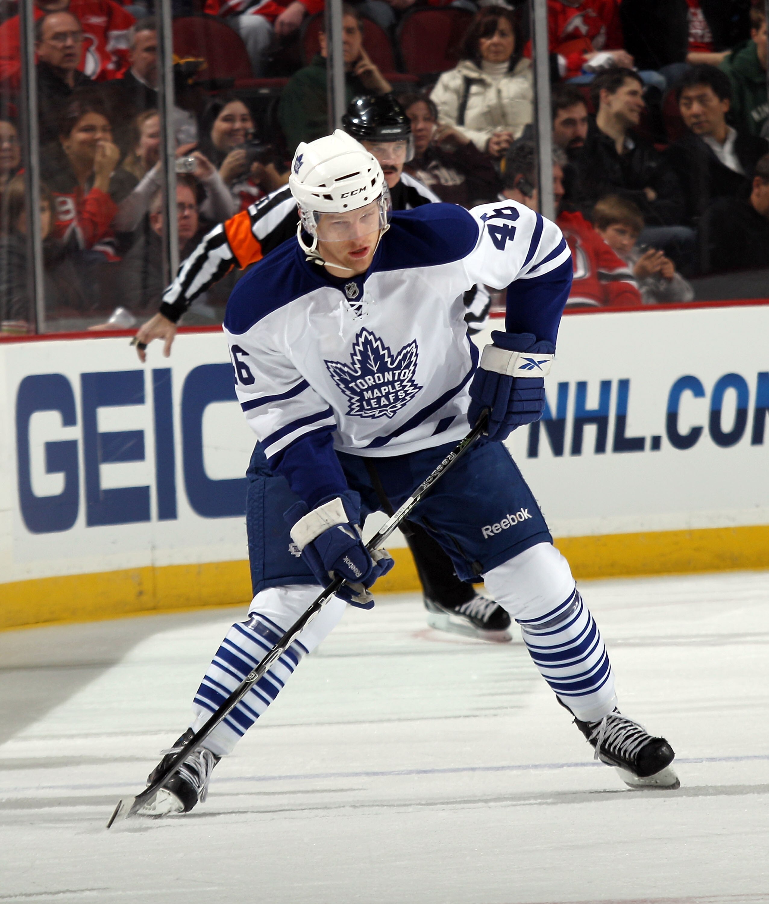 NEWARK, NJ - APRIL 06:  Joey Crabb #46 of the Toronto Maple Leafs skates against the New Jersey Devils at the Prudential Center on April 6, 2011 in Newark, New Jersey.  (Photo by Bruce Bennett/Getty Images)