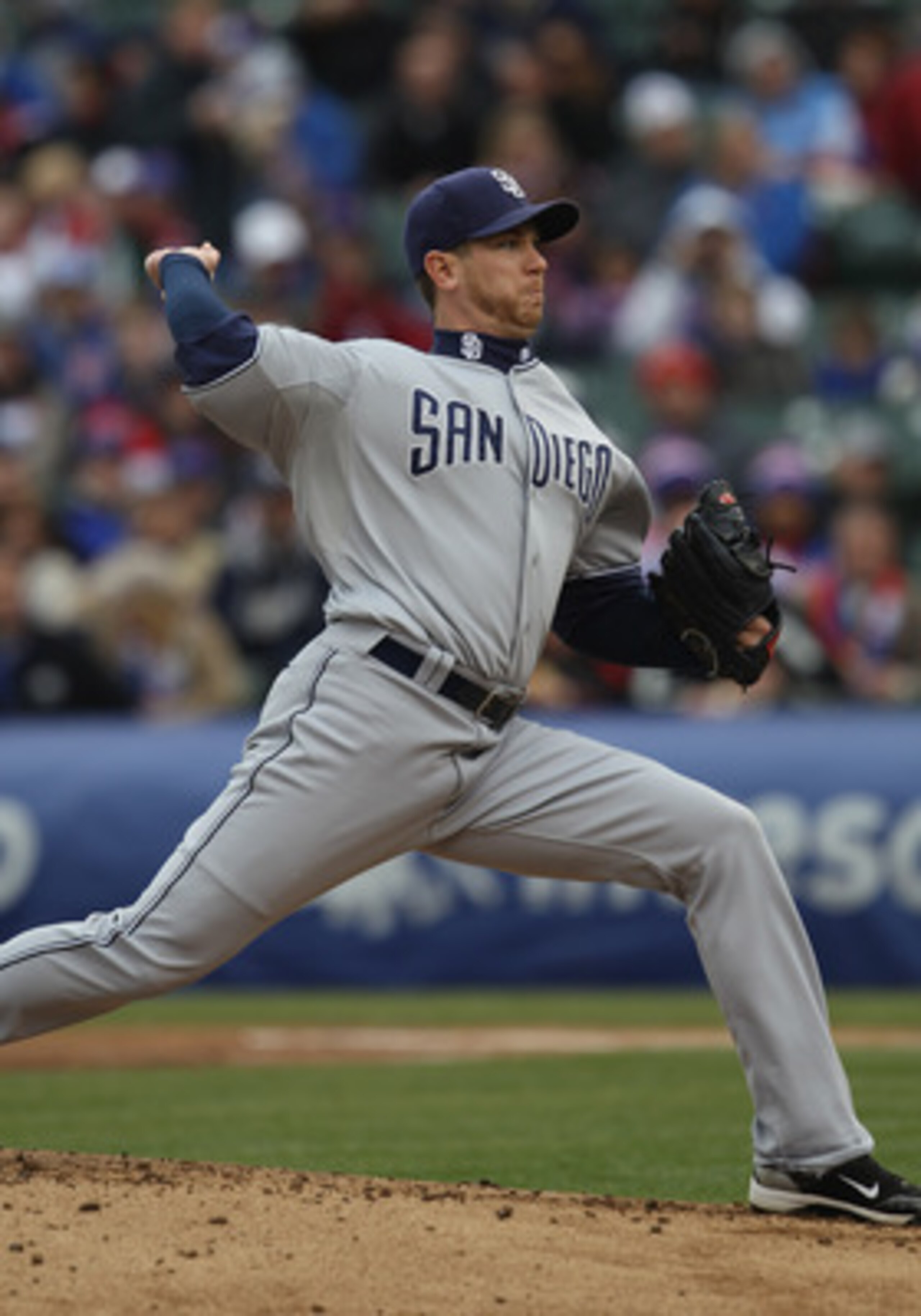 CHICAGO, IL - APRIL 20: Starting pitcher Dustin Moseley #26 of the San Diego Padres delivers the ball against the Chicago Cubs at Wrigley Field on April 20, 2011 in Chicago, Illinois. The Cubs defeated the Padres 2-1 in 11 innings. (Photo by Jonathan Dani