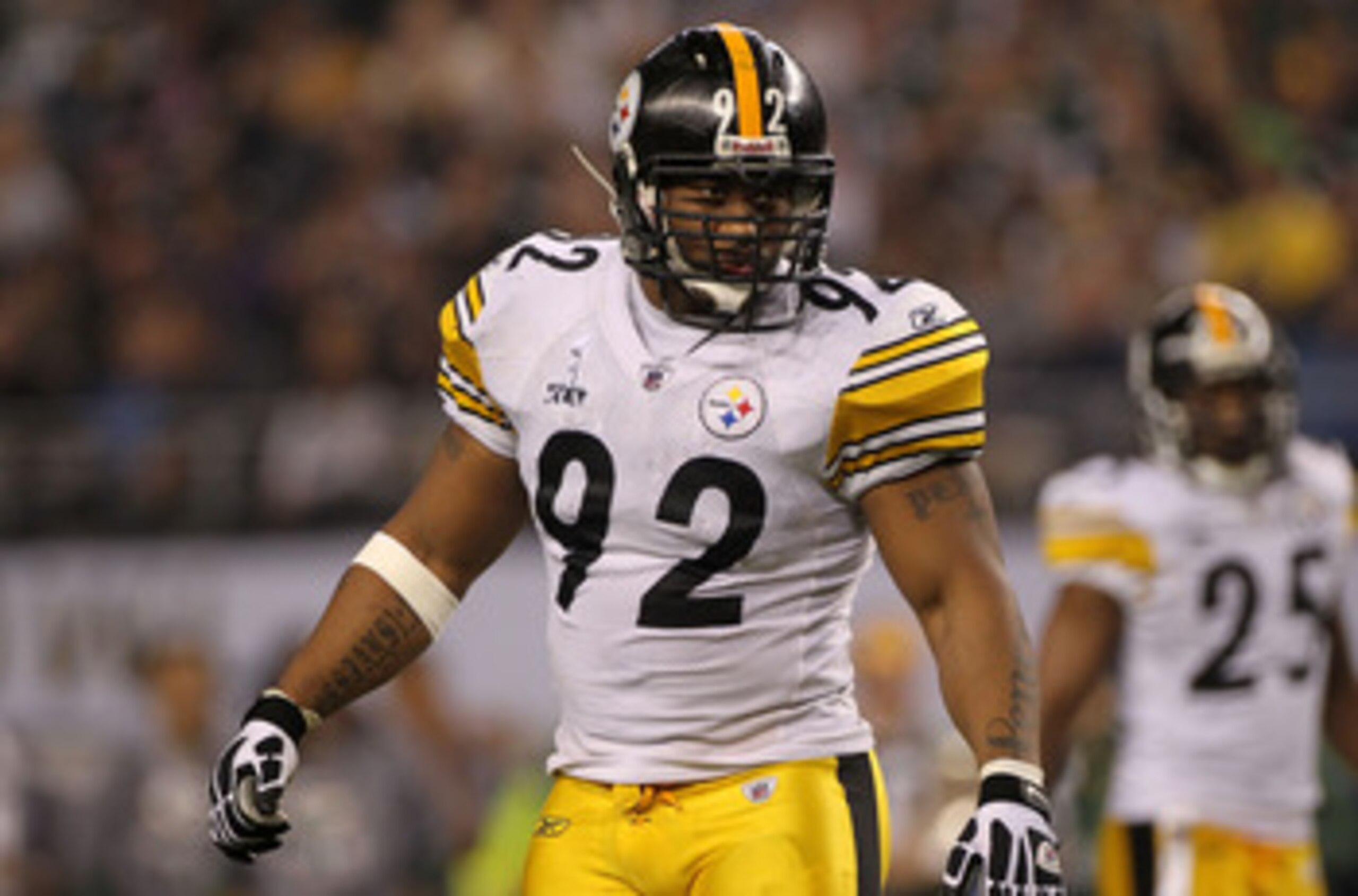 ARLINGTON, TX - FEBRUARY 06:  James Harrison #92 of the Pittsburgh Steelers looks on as the Steelers take on the Green Bay Packers during Super Bowl XLV at Cowboys Stadium on February 6, 2011 in Arlington, Texas.  (Photo by Doug Pensinger/Getty Images)