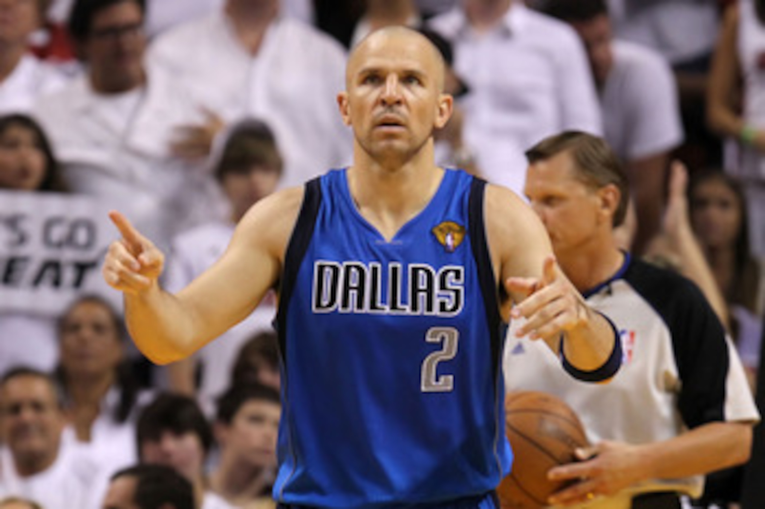 MIAMI, FL - JUNE 12:  Jason Kidd #2 of the Dallas Mavericks gestures on court against the Miami Heat in Game Six of the 2011 NBA Finals at American Airlines Arena on June 12, 2011 in Miami, Florida. NOTE TO USER: User expressly acknowledges and agrees tha