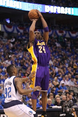 DALLAS, TX - MAY 06:  Guard Kobe Bryant #24 of the Los Angeles Lakers takes a shot against DeShawn Stevenson #92 of the Dallas Mavericks in Game Three of the Western Conference Semifinals during the 2011 NBA Playoffs on May 6, 2011 at American Airlines Ce