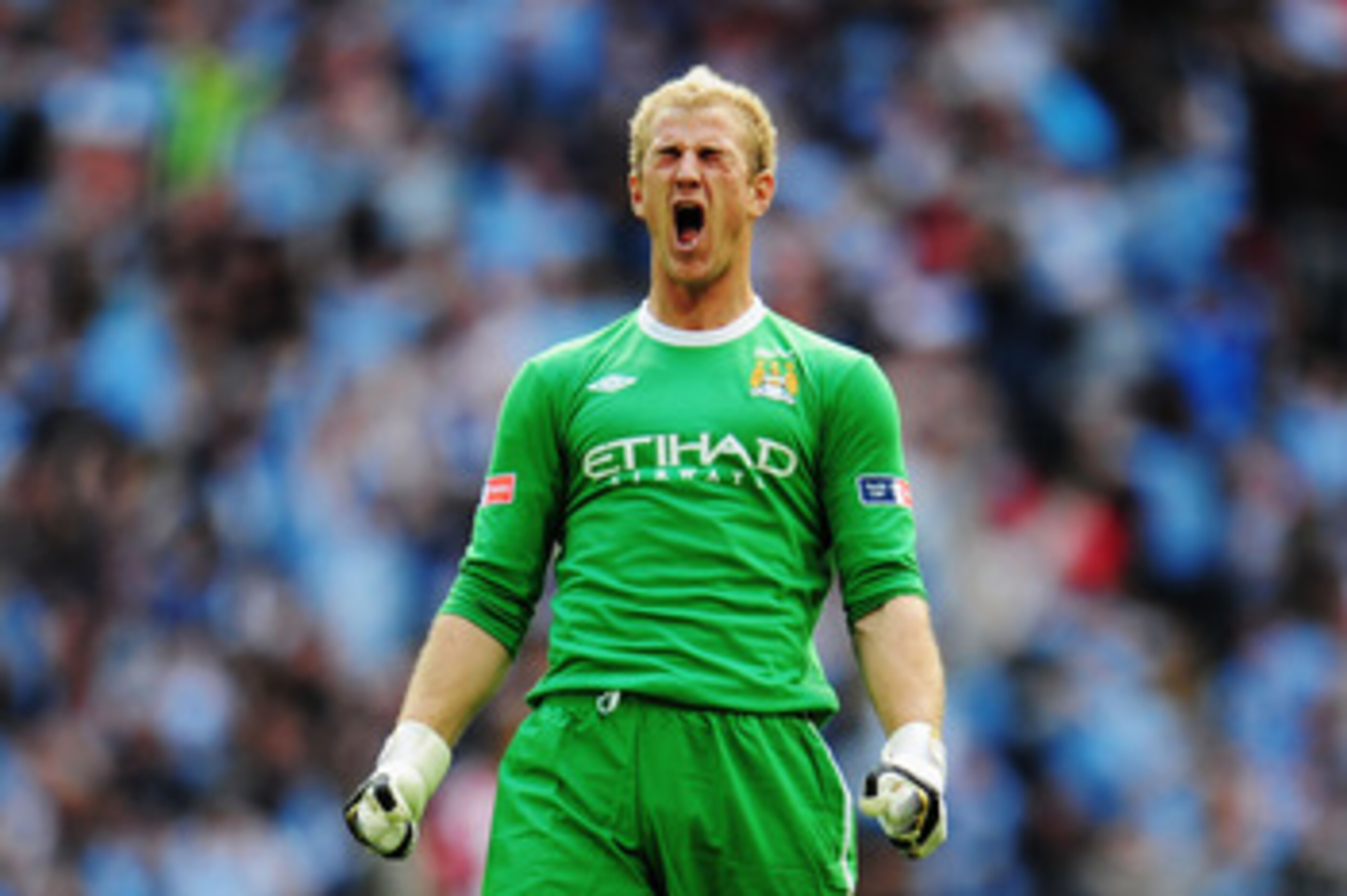 LONDON, ENGLAND - MAY 14:  Joe Hart of Manchester City celebrates as his team score during the FA Cup sponsored by E.ON Final match between Manchester City and Stoke City at Wembley Stadium on May 14, 2011 in London, England.  (Photo by Shaun Botterill/Ge