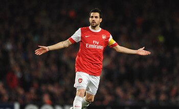 LONDON, ENGLAND - FEBRUARY 16:  Cesc Fabregas of Arsenal shows his frustration during the UEFA Champions League round of 16 first leg match between Arsenal and Barcelona at the Emirates Stadium on February 16, 2011 in London, England.  (Photo by Jasper Ju