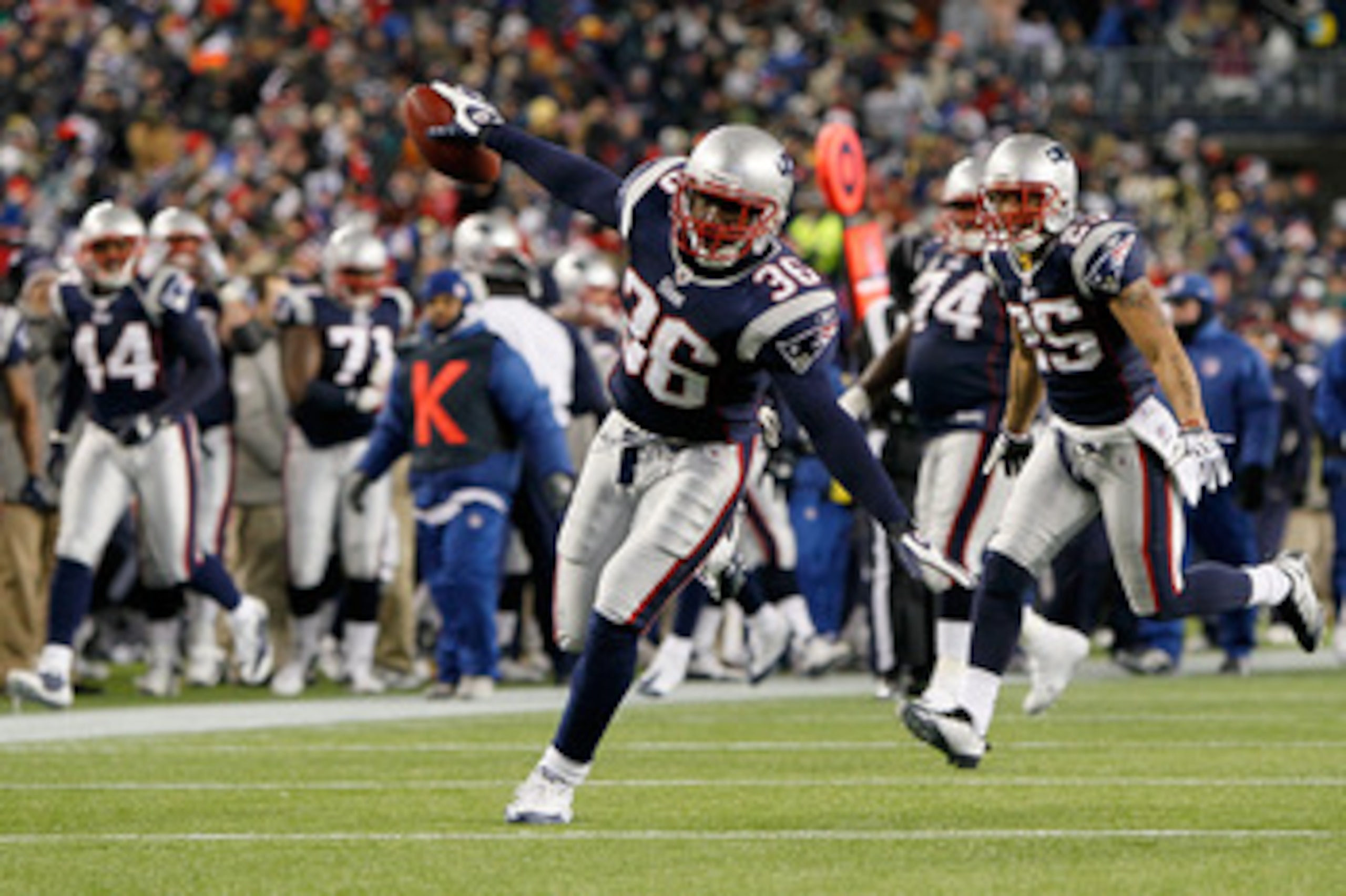 FOXBORO, MA - DECEMBER 06:  James Sanders #36 of the New England Patriots reacts after he intercepted the ball against the New York Jets at Gillette Stadium on December 6, 2010 in Foxboro, Massachusetts. The Patriots won 45-3.  (Photo by Jim Rogash/Getty