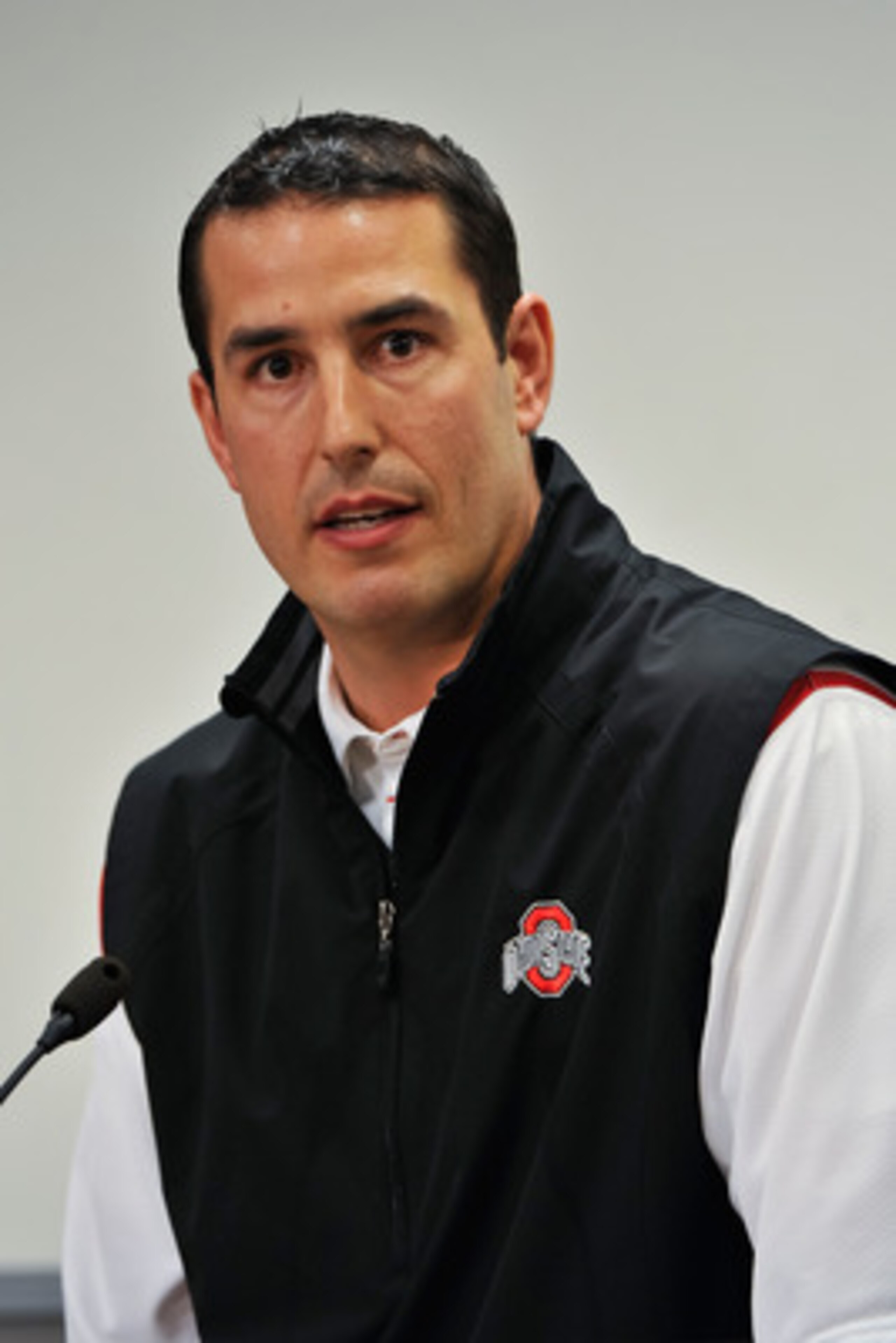 COLUMBUS, OH - MARCH 30:  Assistant Head Coach Luke Fickell speaks to the media during a press conference before the start of Spring practices at the Woody Hayes Athletic Center at The Ohio State University on March 30, 2011 in Columbus, Ohio. Fickell wil