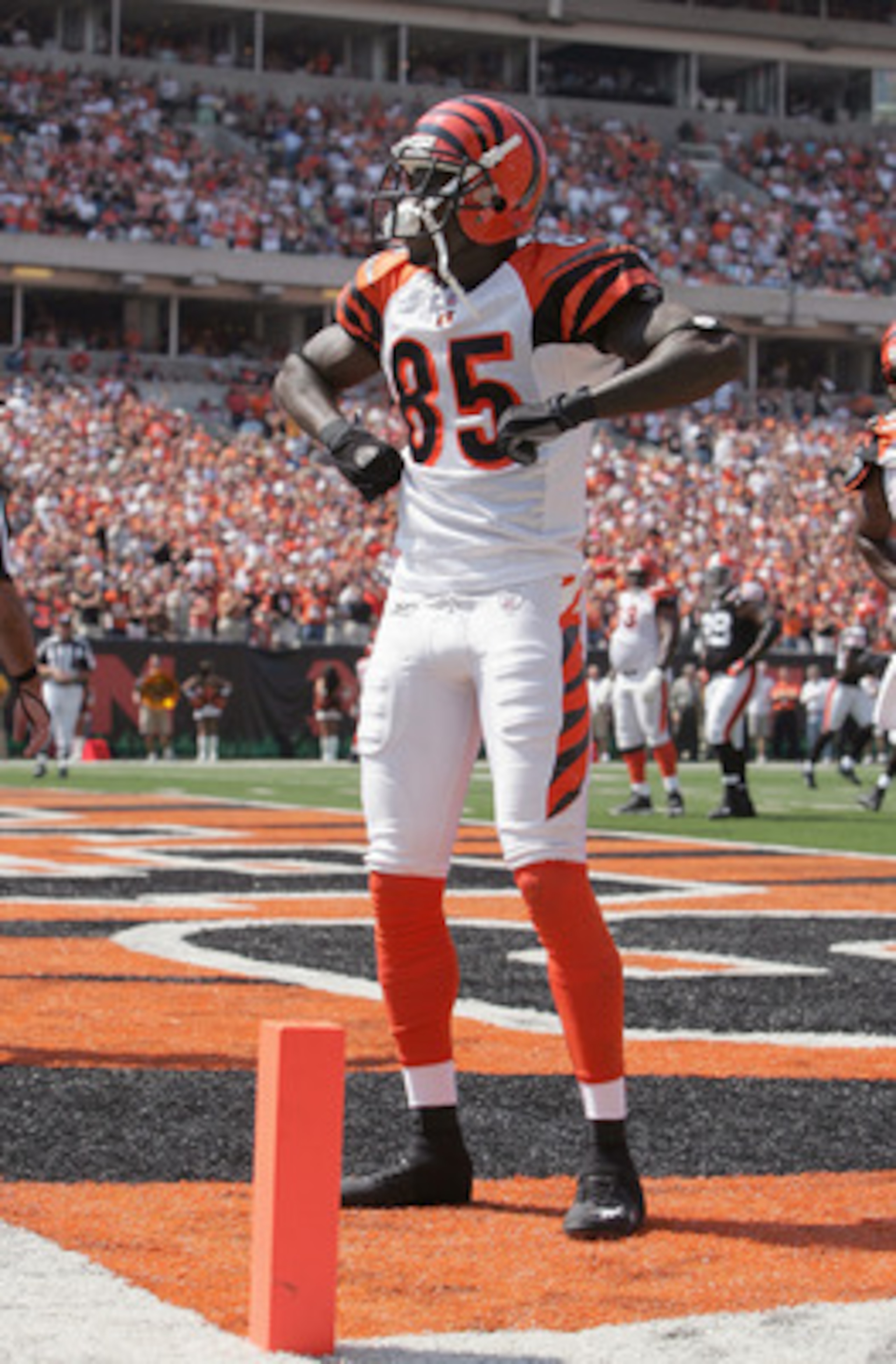 CINCINNATI - SEPTEMBER 17:  Wide receiver Chad Johnson #85 of the Cincinnati Bengals celebrates after scoring a touchdown against the Cleveland Browns on September 17, 2006 during the NFL game at Paul Brown Stadium in Cincinnati, Ohio. The Bengals won 34-