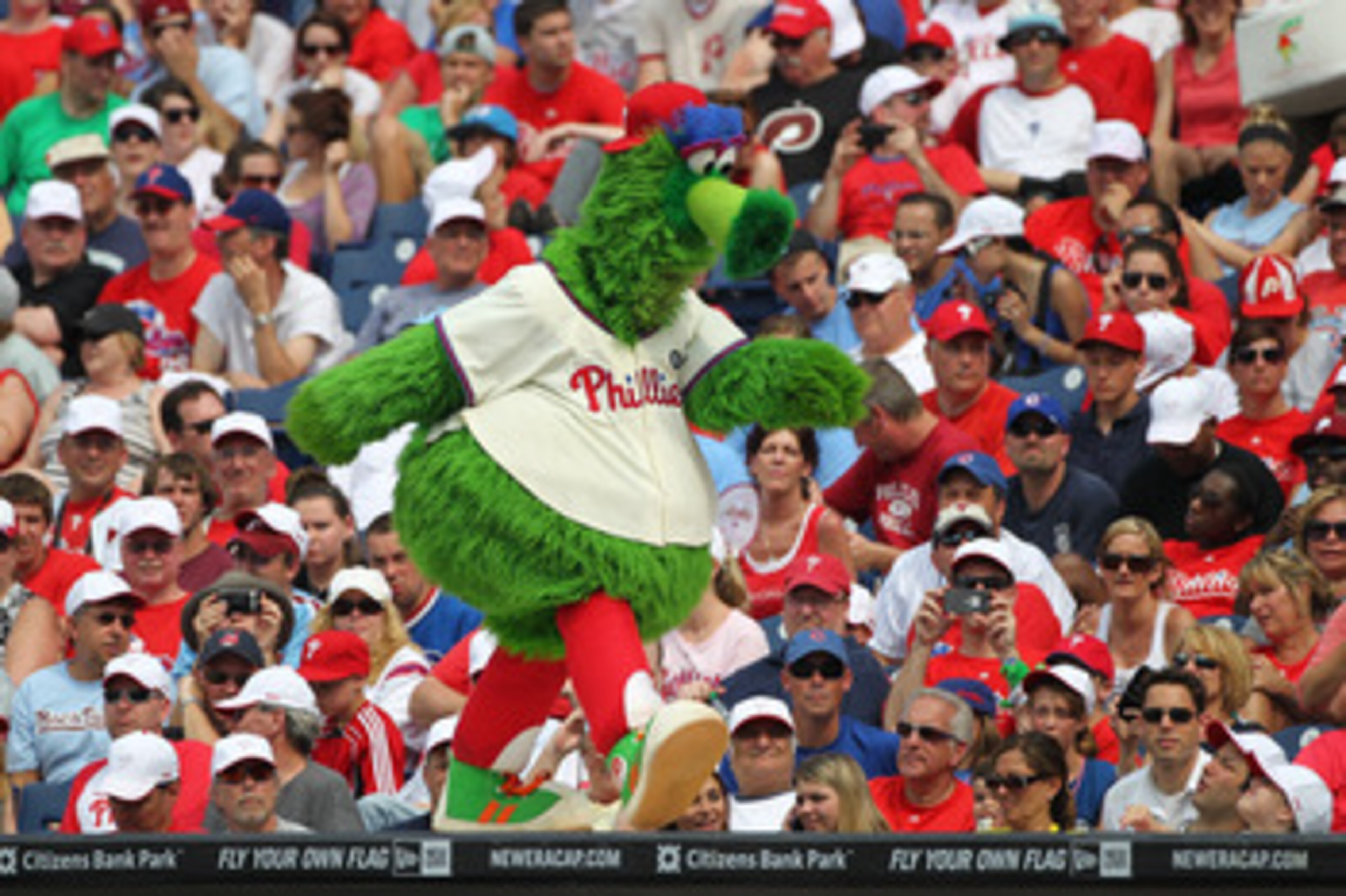PHILADELPHIA - JUNE 12: The Phillie Phanatic performs during a game against the Chicago Cubs at Citizens Bank Park on June 12, 2011 in Philadelphia, Pennsylvania. The Phillies won 4-3. (Photo by Hunter Martin/Getty Images) PHILADELPHIA - JUNE 12: The Phillie Phanatic performs during a game against the Chicago Cubs at Citizens Bank Park on June 12, 2011 in Philadelphia, Pennsylvania. The Phillies won 4-3. (Photo by Hunter Martin/Getty Images)