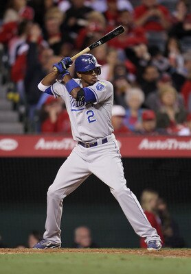ANAHEIM, CA - JUNE 10:  Alcides Escobar #2 of the Kansas City Royals bats against the Los Angeles Angels of Anaheim at Angel Stadium of Anaheim on June 10, 2011 in Anaheim, California.  (Photo by Jeff Gross/Getty Images)