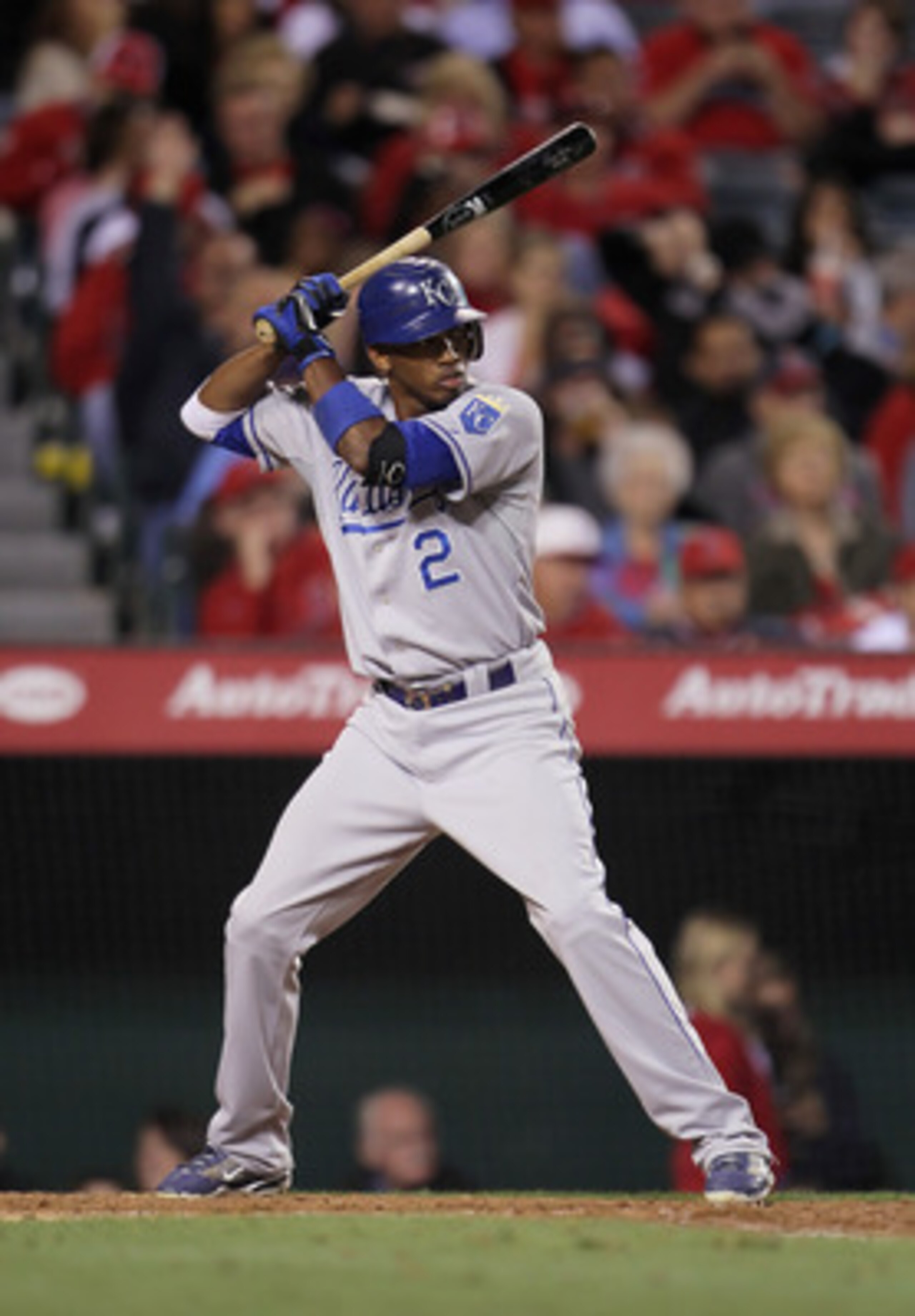 ANAHEIM, CA - JUNE 10:  Alcides Escobar #2 of the Kansas City Royals bats against the Los Angeles Angels of Anaheim at Angel Stadium of Anaheim on June 10, 2011 in Anaheim, California.  (Photo by Jeff Gross/Getty Images)