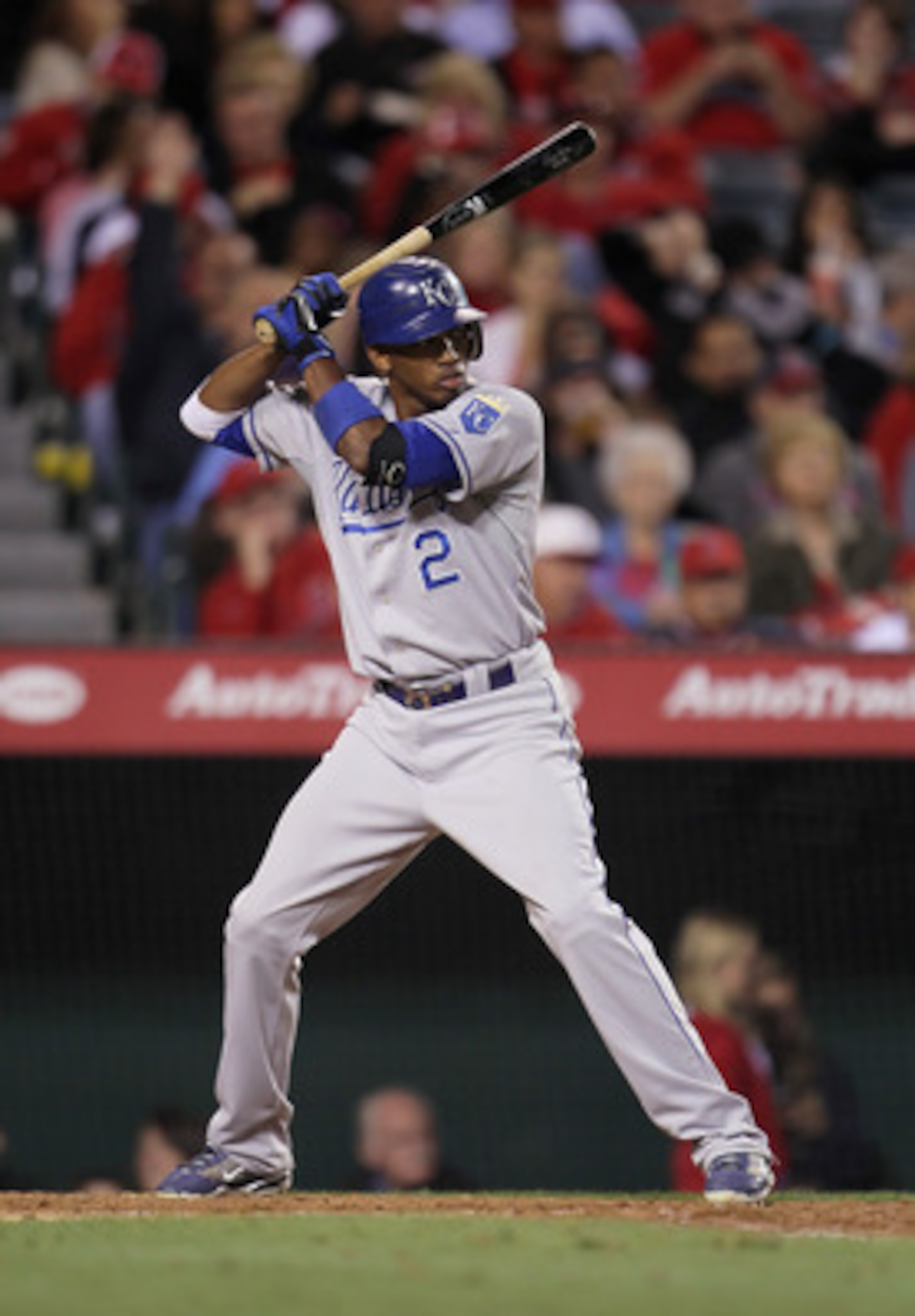 ANAHEIM, CA - JUNE 10:  Alcides Escobar #2 of the Kansas City Royals bats against the Los Angeles Angels of Anaheim at Angel Stadium of Anaheim on June 10, 2011 in Anaheim, California.  (Photo by Jeff Gross/Getty Images)