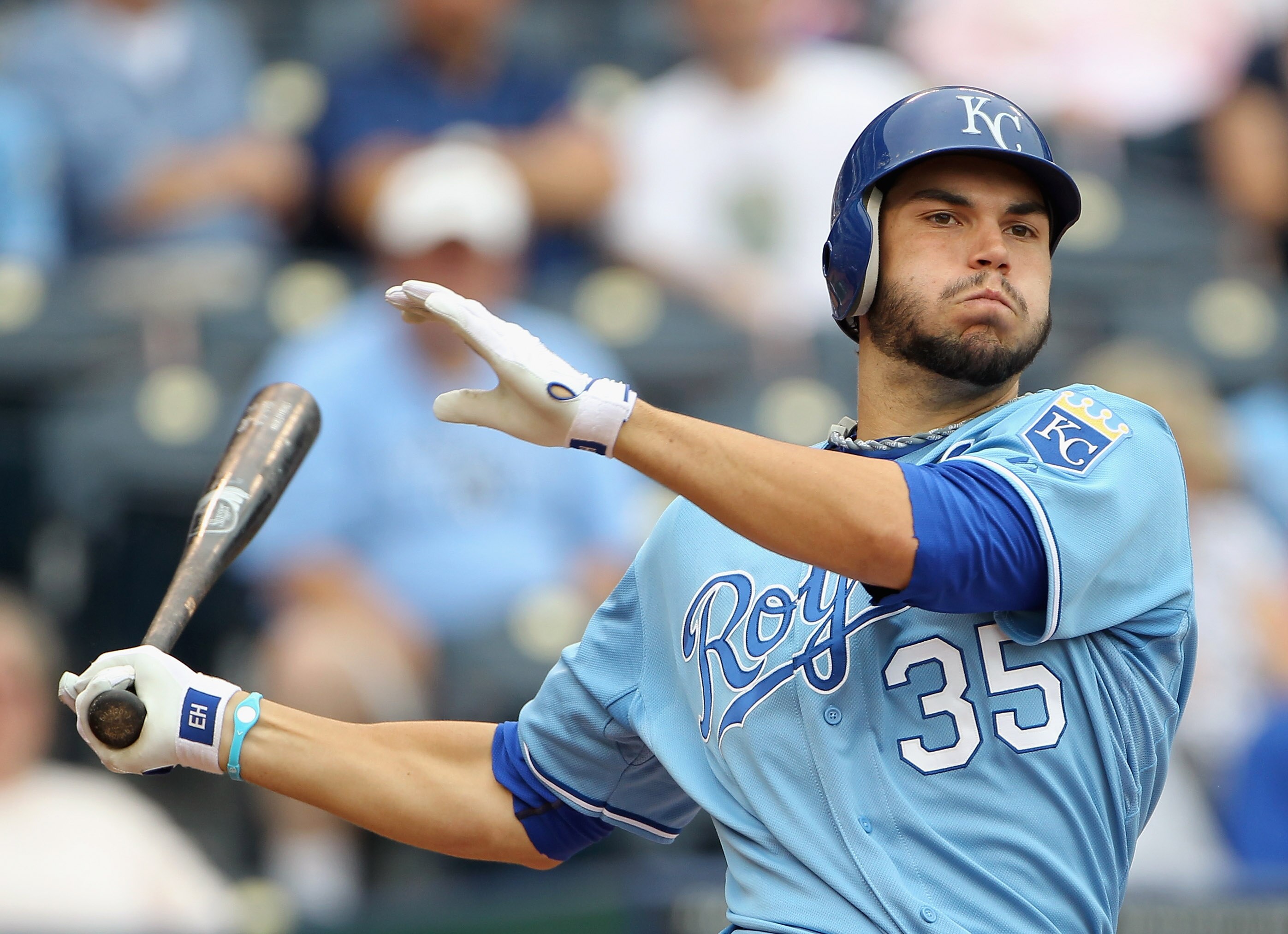 KANSAS CITY, MO - JUNE 01:  Eric Hosmer #35 of the Kansas City Royals in action during the game against the Los Angeles Angels of Anaheim on June 1, 2011 at Kauffman Stadium in Kansas City, Missouri.  (Photo by Jamie Squire/Getty Images)
