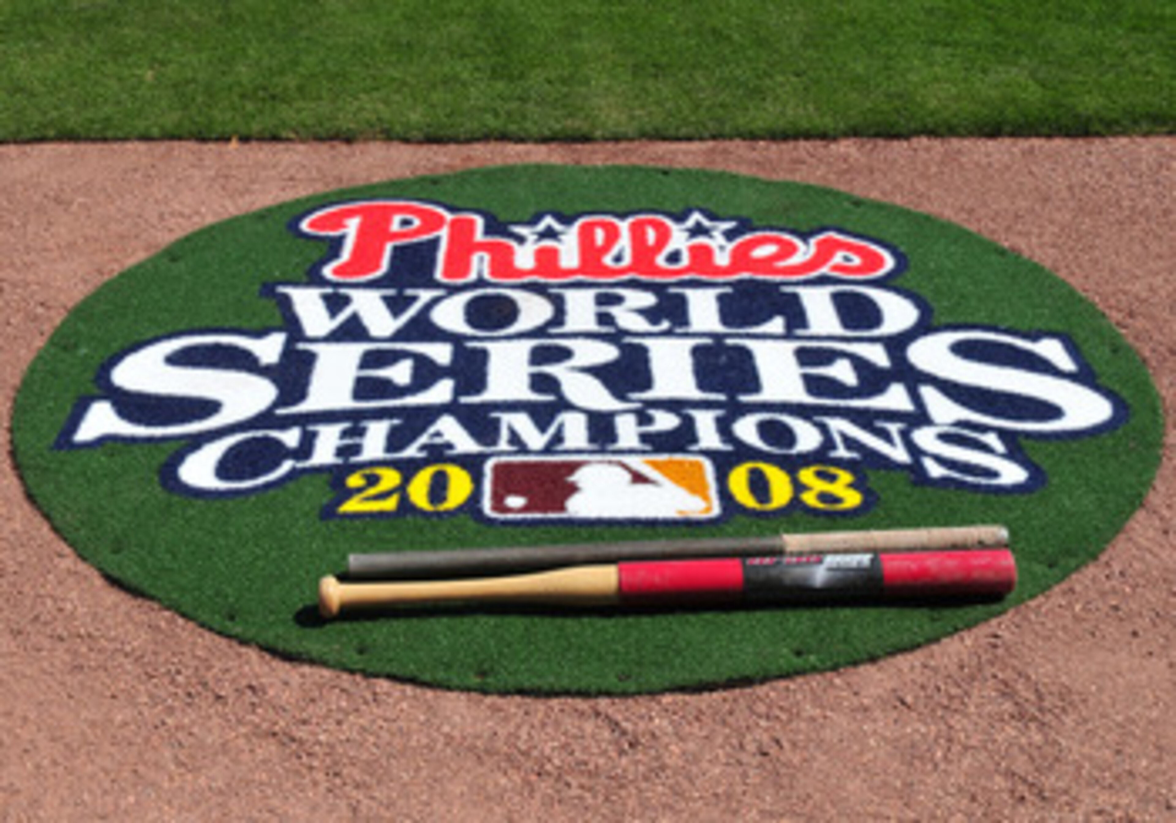 CLEARWATER, FL - FEBRUARY 26: A new on-deck mat celebrates the Philadelphia Phillies 2008 World Series Championship as spring training play begins against the Toronto Blue Jays February 26, 2009 at Bright House Field in Clearwater, Florida. (Photo by Al CLEARWATER, FL - FEBRUARY 26: A new on-deck mat celebrates the Philadelphia Phillies 2008 World Series Championship as spring training play begins against the Toronto Blue Jays February 26, 2009 at Bright House Field in Clearwater, Florida. (Photo by Al