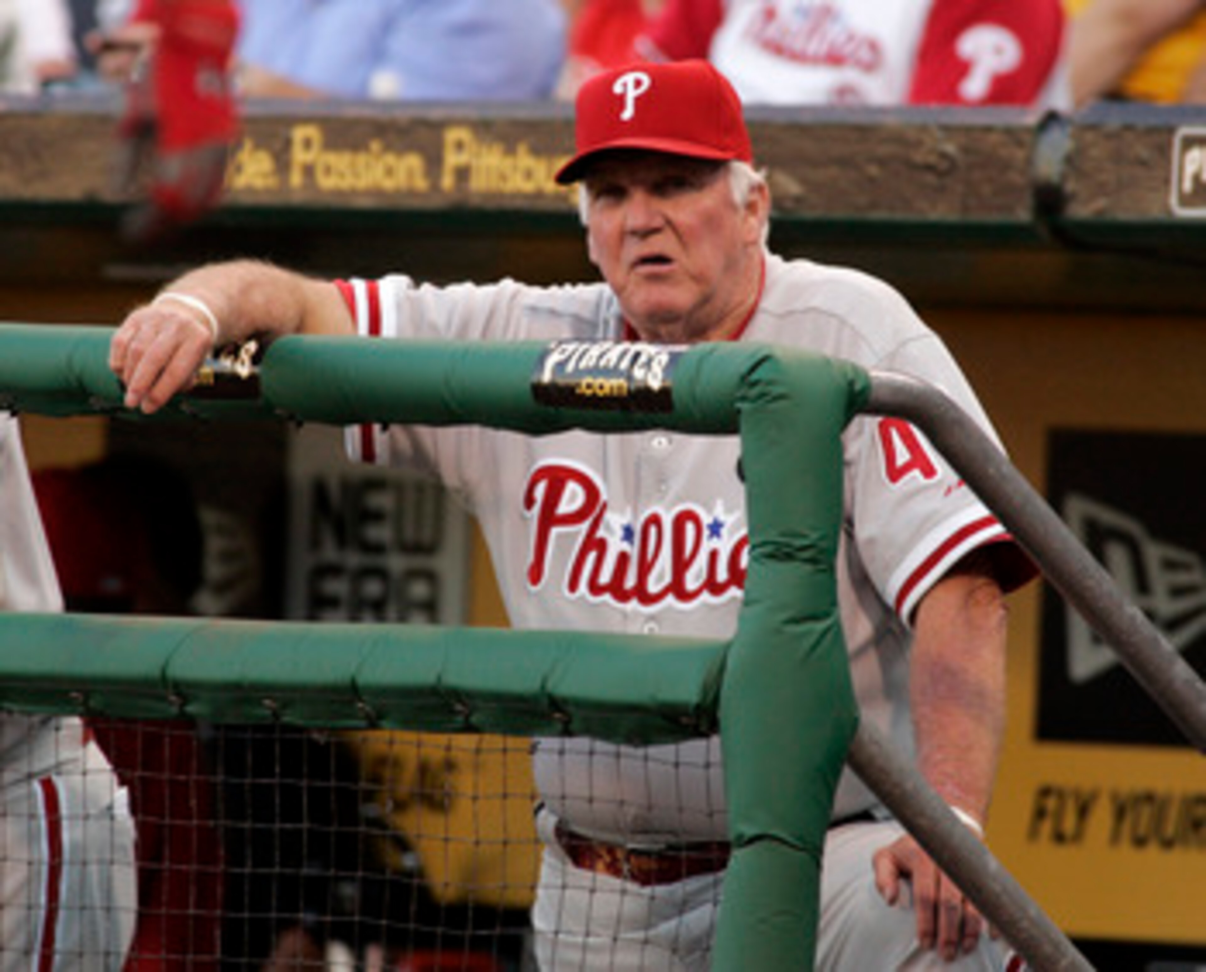 PITTSBURGH - JUNE 03: Philadelphia Phillies head coach Charlie Manuel #41 coaches from the bench against the Pittsburgh Pirates during the game on June 3, 2011 at PNC Park in Pittsburgh, Pennsylvania. The Pirates defeated the Phillies 2-1 in extra inning PITTSBURGH - JUNE 03: Philadelphia Phillies head coach Charlie Manuel #41 coaches from the bench against the Pittsburgh Pirates during the game on June 3, 2011 at PNC Park in Pittsburgh, Pennsylvania. The Pirates defeated the Phillies 2-1 in extra inning