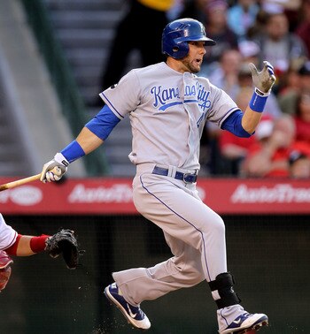 ANAHEIM, CA - JUNE 11: Alex Gordon #4 of the Kansas City Royals grounds out but picks up an RBI in the third inning against the Los Angeles Angels of Anaheim on June 11, 2011 at Angel Stadium in Anaheim, California.  (Photo by Stephen Dunn/Getty Images)