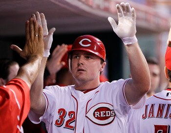 CINCINNATI, OH - JUNE 1: Jay Bruce #32 of the Cincinnati Reds celebrates with teammates after hitting a home run in the seventh inning against the Milwaukee Brewers at Great American Ball Park on June 1, 2011 in Cincinnati, Ohio. The Reds defeated the Bre