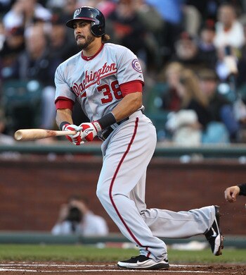 SAN FRANCISCO, CA - JUNE 07:  Michael Morse #38 of the Washington Nationals doubles against the San Francisco Giants during an MLB game at AT&T Park on June 7, 2011 in San Francisco, California.  (Photo by Jed Jacobsohn/Getty Images)
