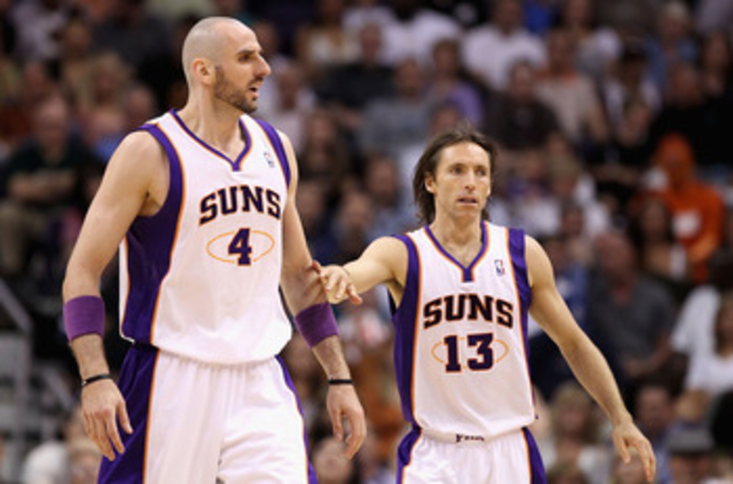 PHOENIX, AZ - MARCH 30:  Marcin Gortat #4 and Steve Nash #13 of the Phoenix Suns during the NBA game against the Oklahoma City Thunder at US Airways Center on March 30, 2011 in Phoenix, Arizona.  The Thunder defeated the Suns 116-98. NOTE TO USER: User ex