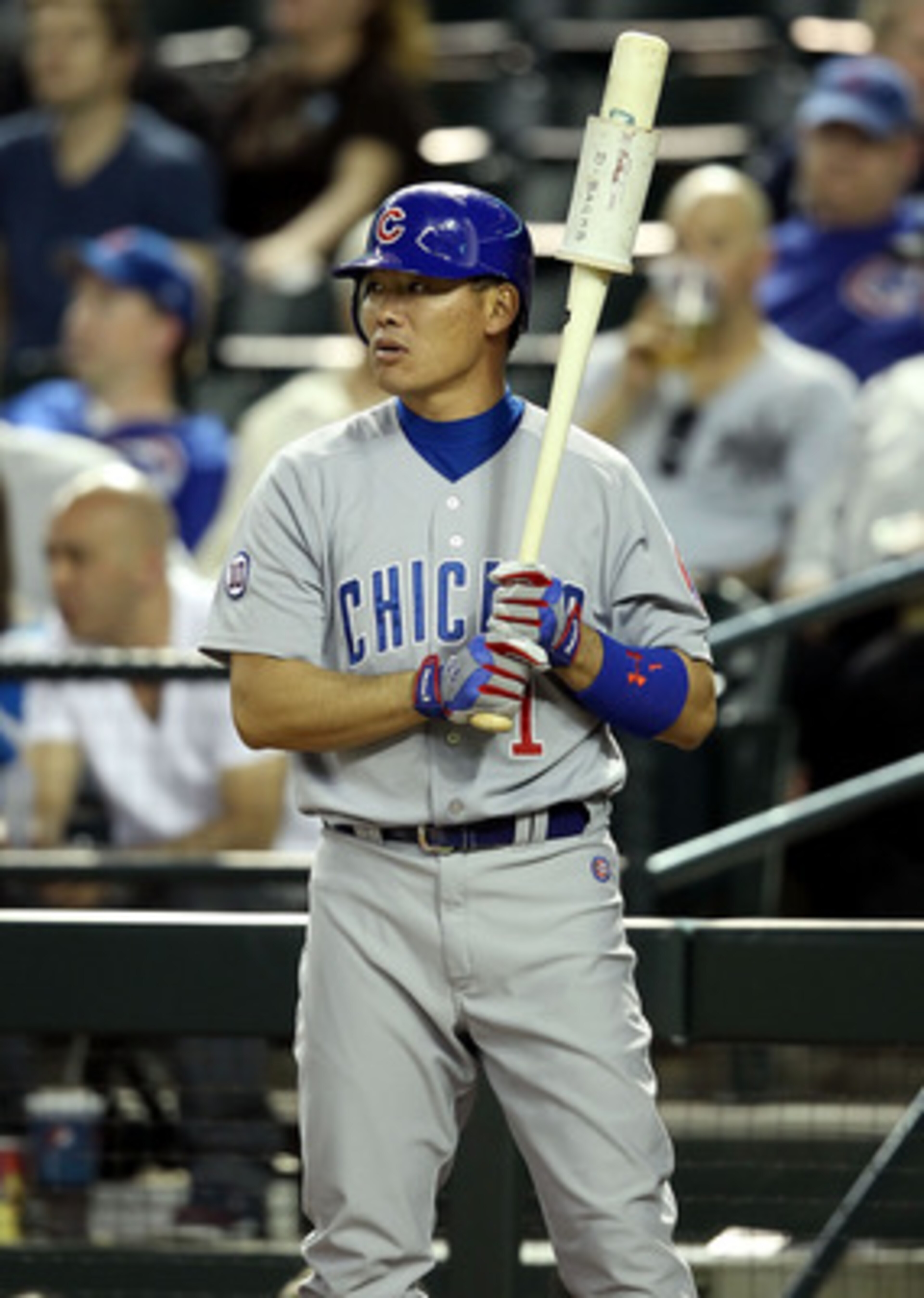 PHOENIX, AZ - APRIL 28: Kosuke Fukudome #1 of the Chicago Cubs bats against the Arizona Diamondbacks during the Major League Baseball game at Chase Field on April 28, 2011 in Phoenix, Arizona. The Diamondbacks defeated the Cubs 11-2. (Photo by Christia PHOENIX, AZ - APRIL 28: Kosuke Fukudome #1 of the Chicago Cubs bats against the Arizona Diamondbacks during the Major League Baseball game at Chase Field on April 28, 2011 in Phoenix, Arizona. The Diamondbacks defeated the Cubs 11-2. (Photo by Christia