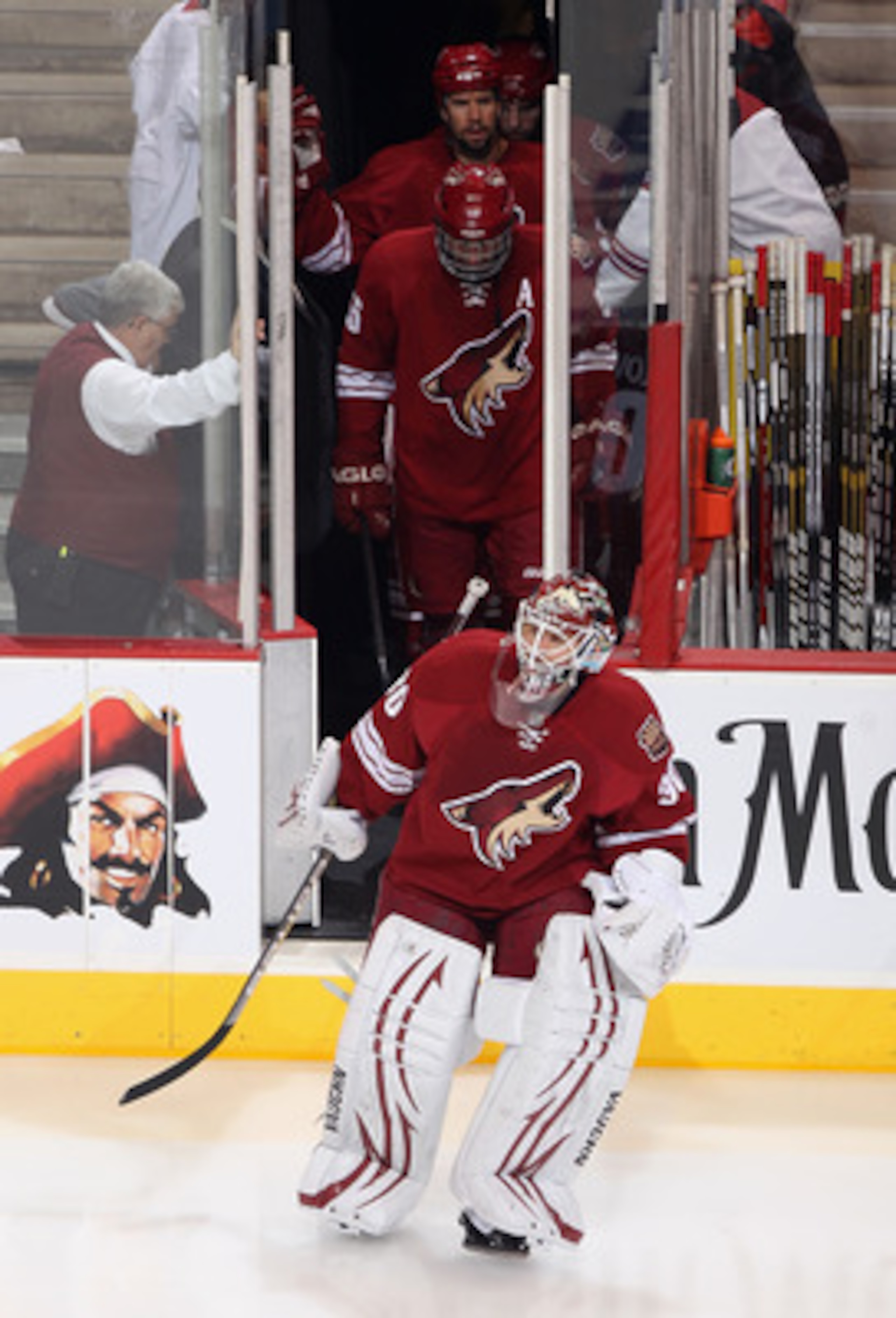 GLENDALE, AZ - APRIL 20:  Goaltender Ilya Bryzgalov #30 of the Phoenix Coyotes skates out onto the ice for Game Four of the Western Conference Quarterfinals against the Detroit Red Wings during the 2011 NHL Stanley Cup Playoffs at Jobing.com Arena on Apri