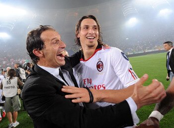 ROME, ITALY - MAY 07:  Massimiliano Allegri head coach of Milan and Zlatan Ibrahimovic of Milan celebrate the victory after the Serie A match between AS Roma and AC Milan at Stadio Olimpico on May 7, 2011 in Rome, Italy.  (Photo by Giuseppe Bellini/Getty