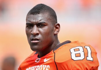 STILLWATER, OK - SEPTEMBER 05:  Wide receiver Justin Blackmon #81 of the Oklahoma State Cowboys warms up before the college football game against the Georgia Bulldogs at Boone Pickens Stadium on September 5, 2009 in Stillwater, Oklahoma.  The Cowboys defe