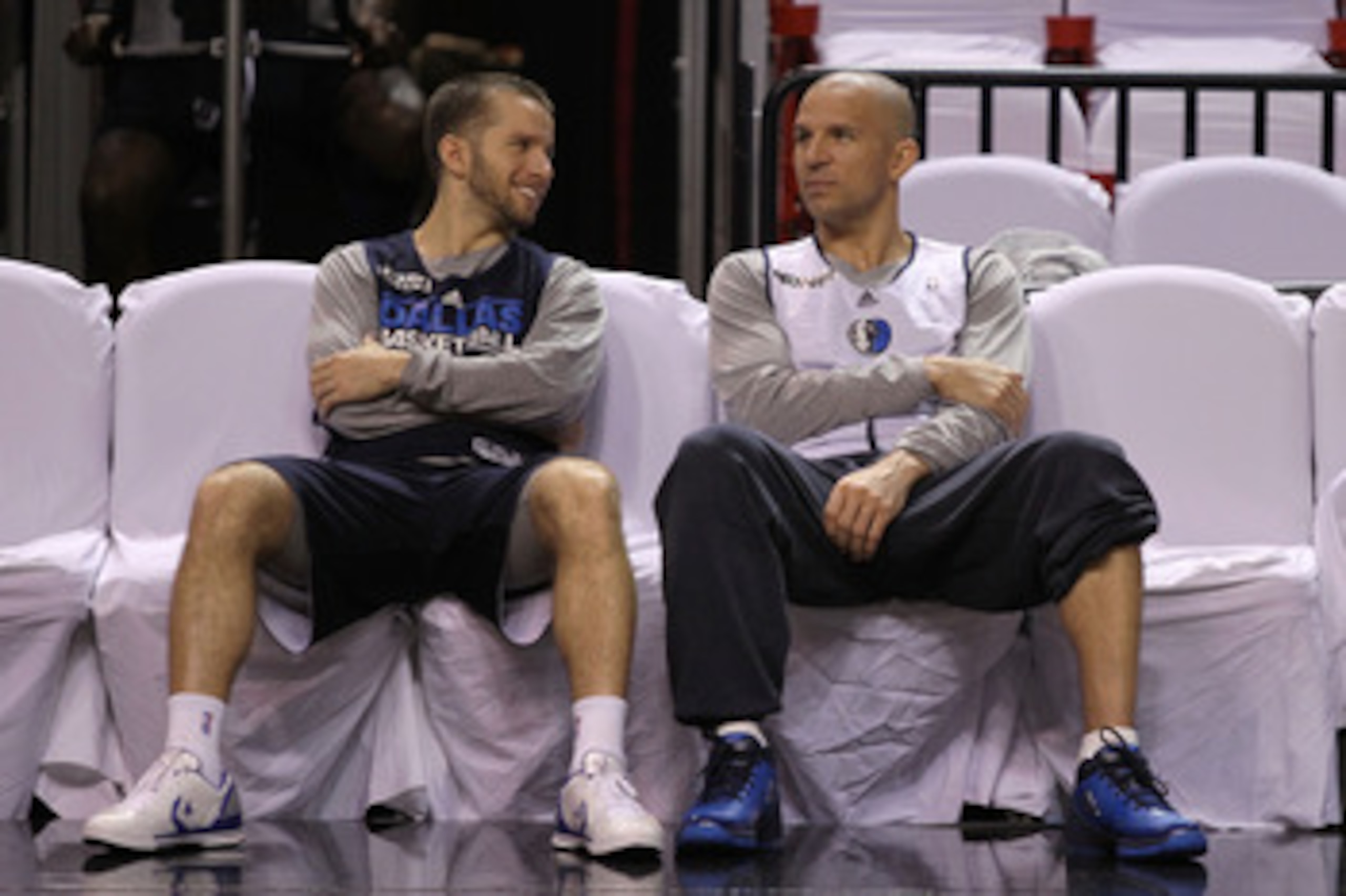 MIAMI, FL - JUNE 11:  Jose Juan Barea #11 and Jason Kidd #2 (R) of the Dallas Mavericks talk on court during practice prior to Game 6 of the 2011 NBA Finals against the Miami Heat at the American Airlines Arena on June 11, 2011 in miami, Florida. Game 6 w